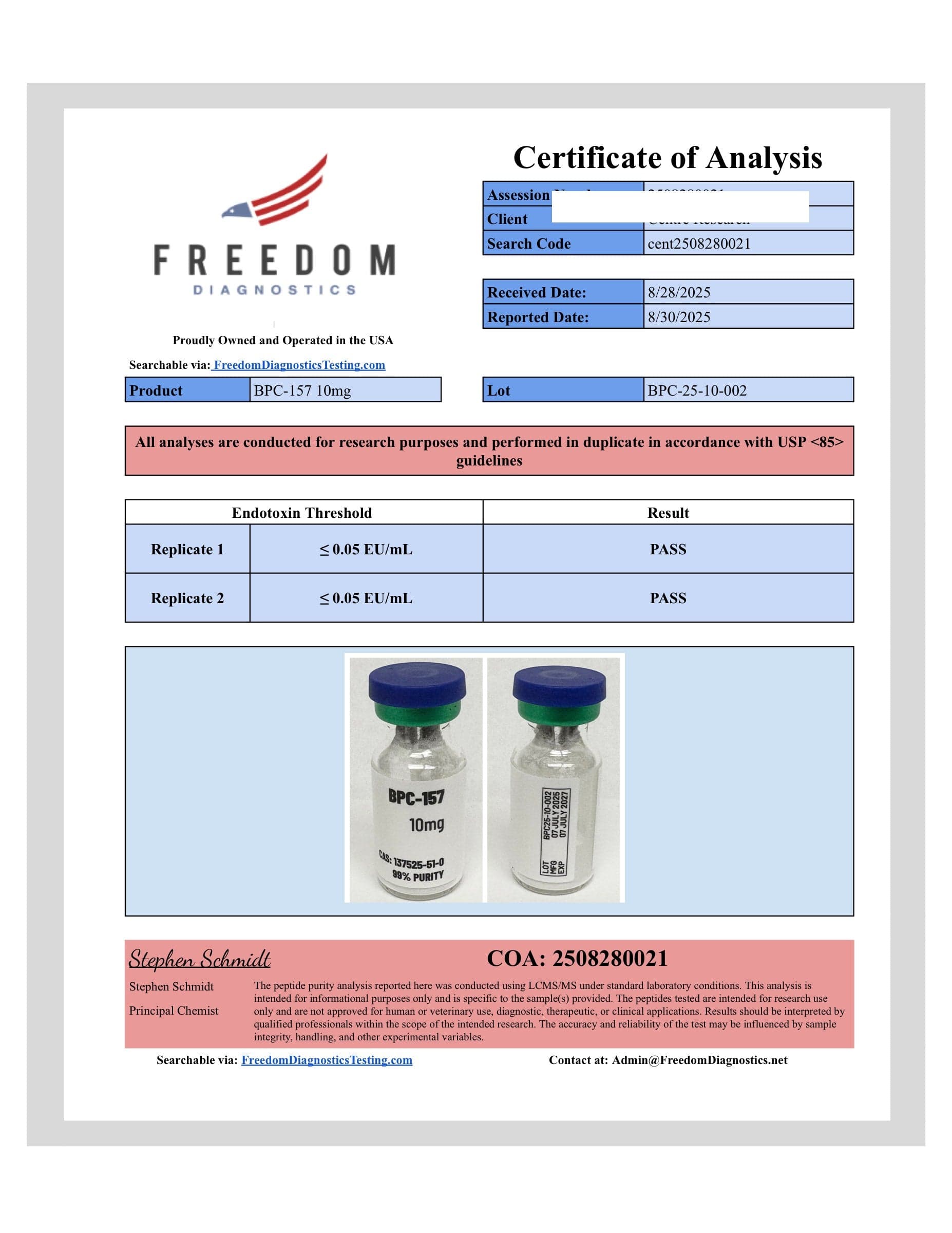 Certificate of analysis for BPC-157, batch 10mg · 8/28/2025