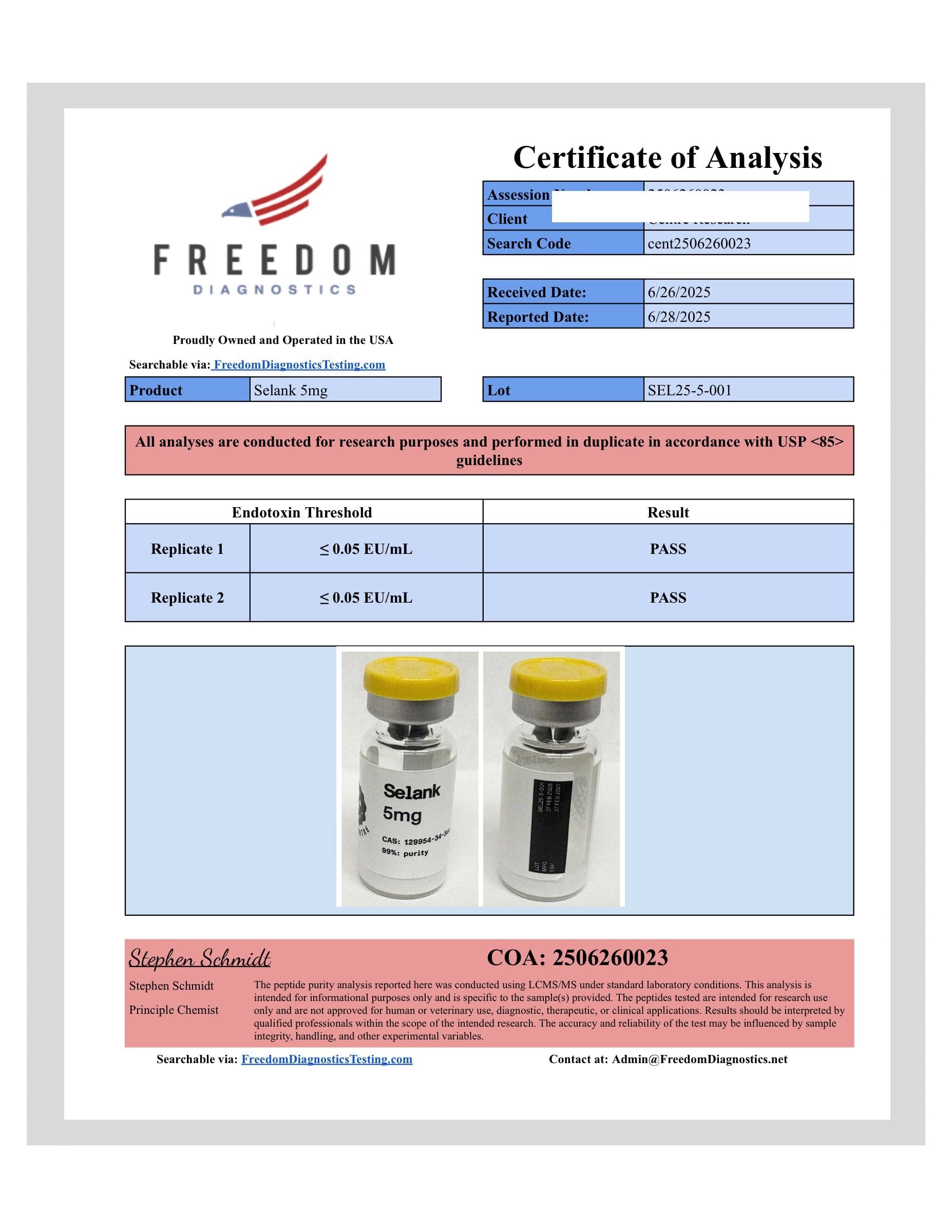 Certificate of analysis for Selank, batch 5mg · 6/26/2025