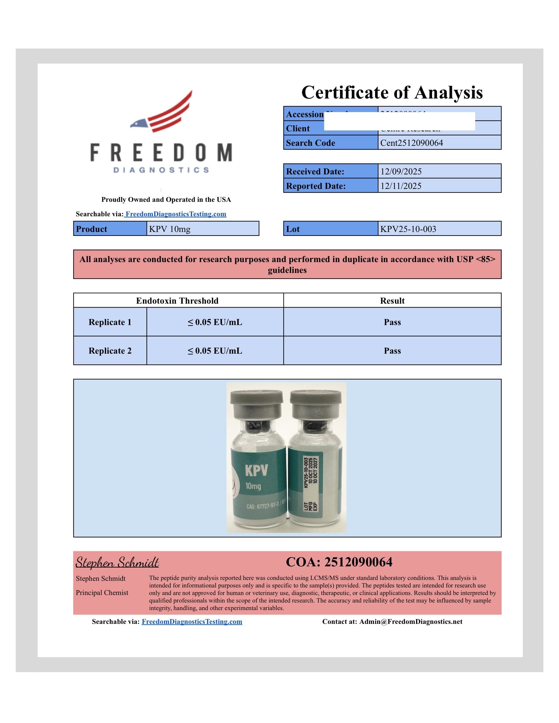 Certificate of analysis for KPV, batch 10mg · 12/09/2025