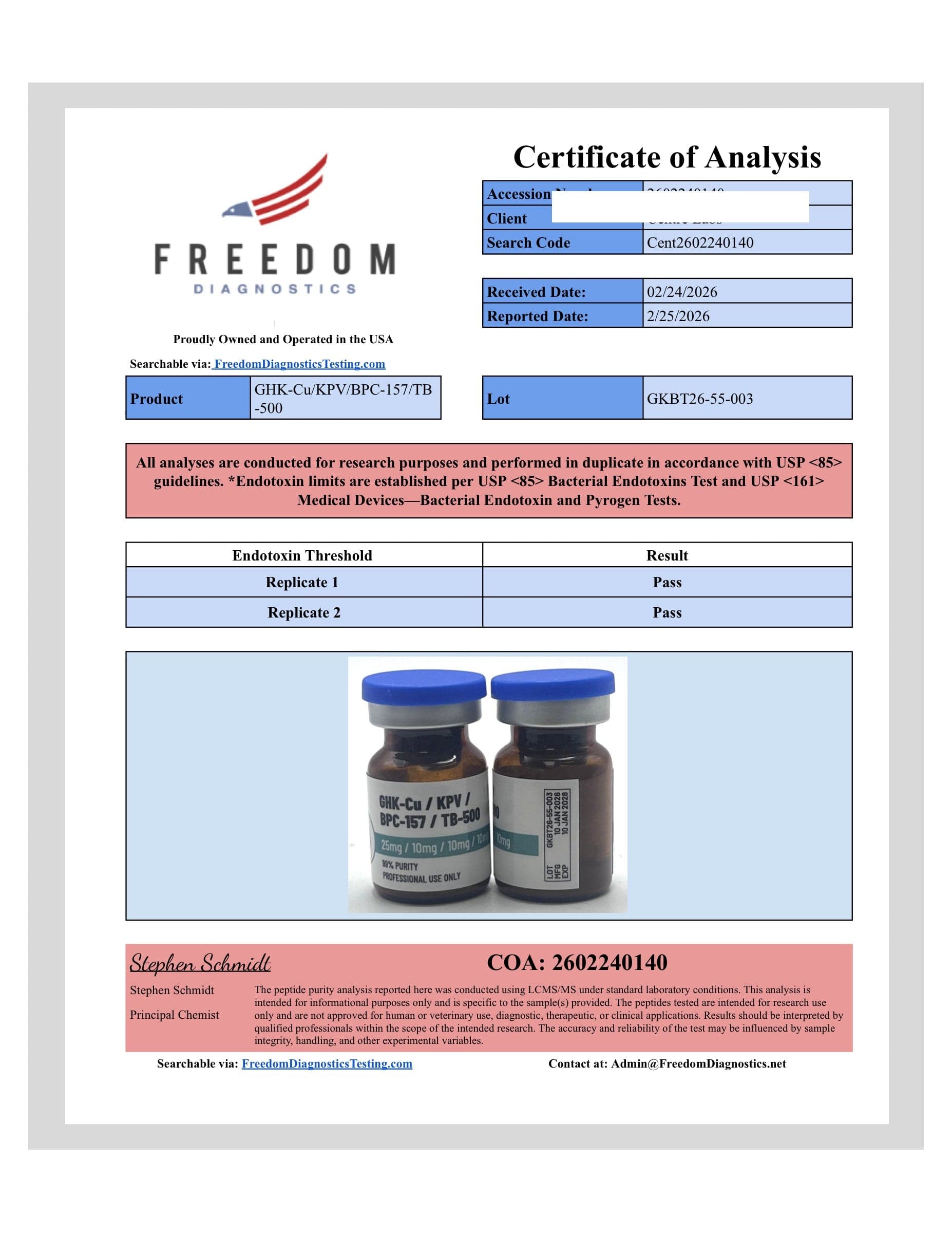 Certificate of analysis for GHK/KPV/BPC/TB500, batch 25/10/10/10mg · 2/26/2026