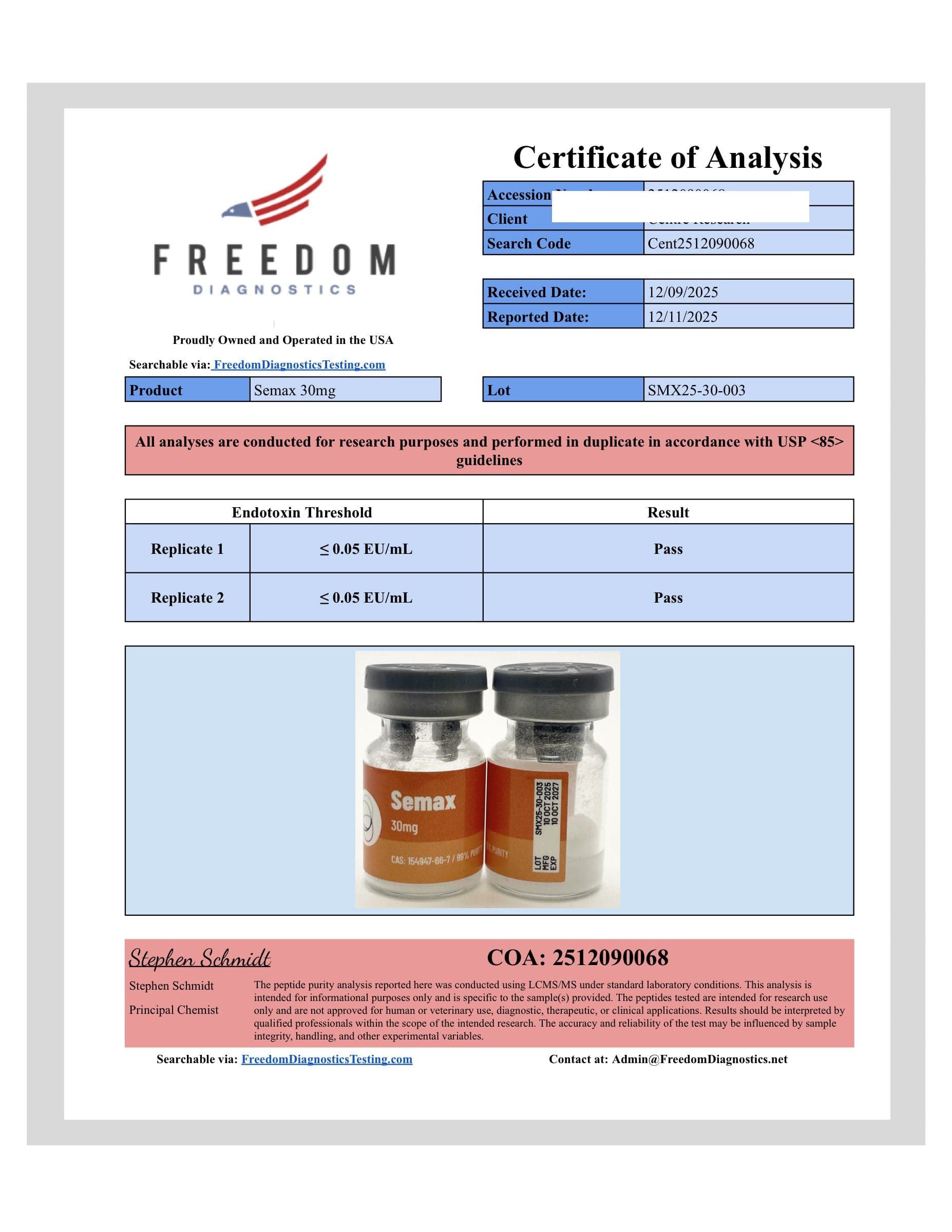 Certificate of analysis for Semax, batch 30mg · 12/09/2025