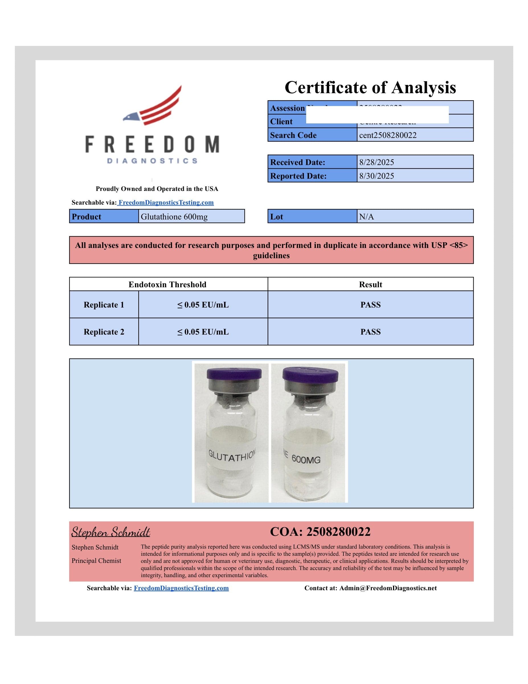 Certificate of analysis for Glutathione, batch 600mg · 8/28/2025