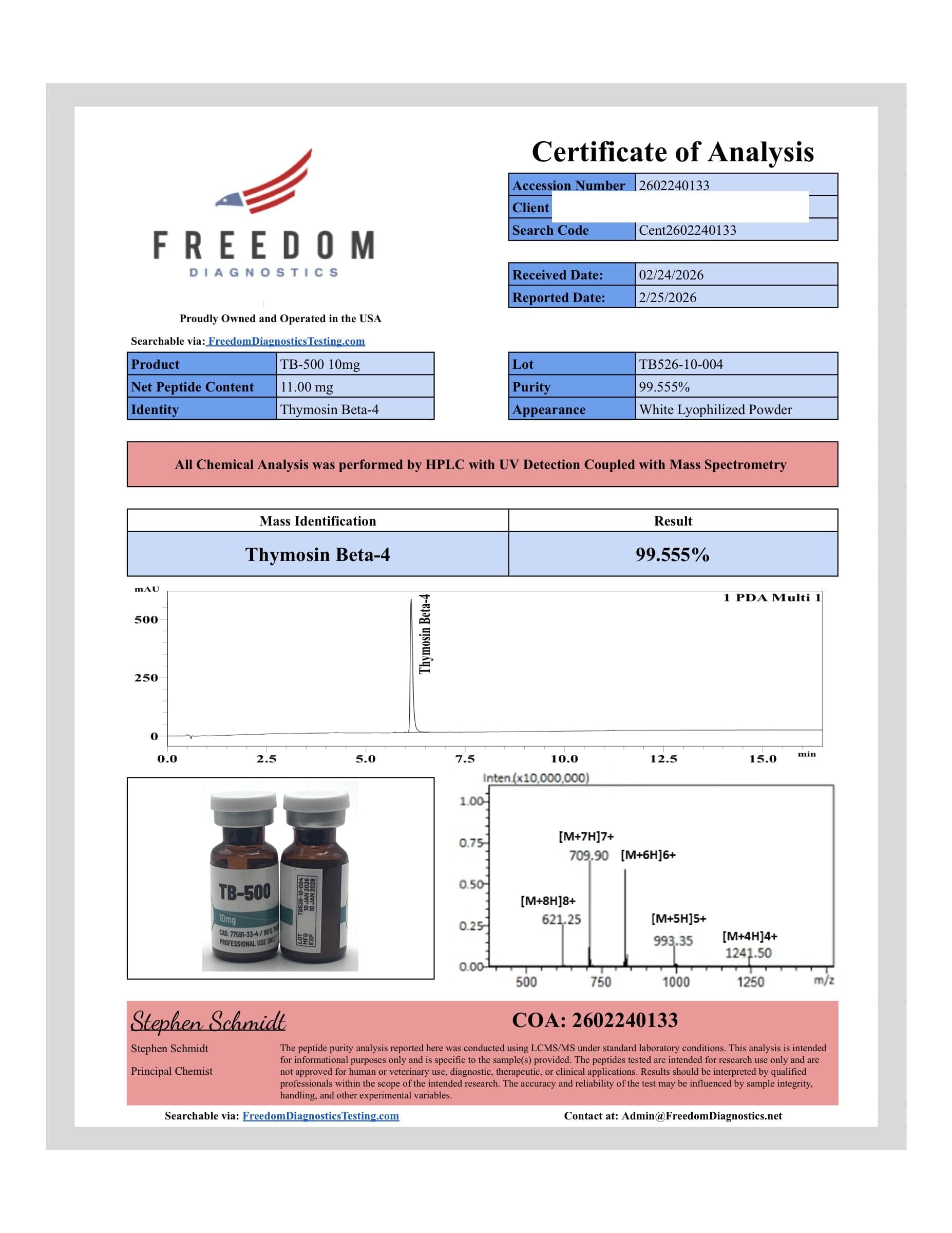 Certificate of analysis for TB-500, batch 10mg · 2/26/2026