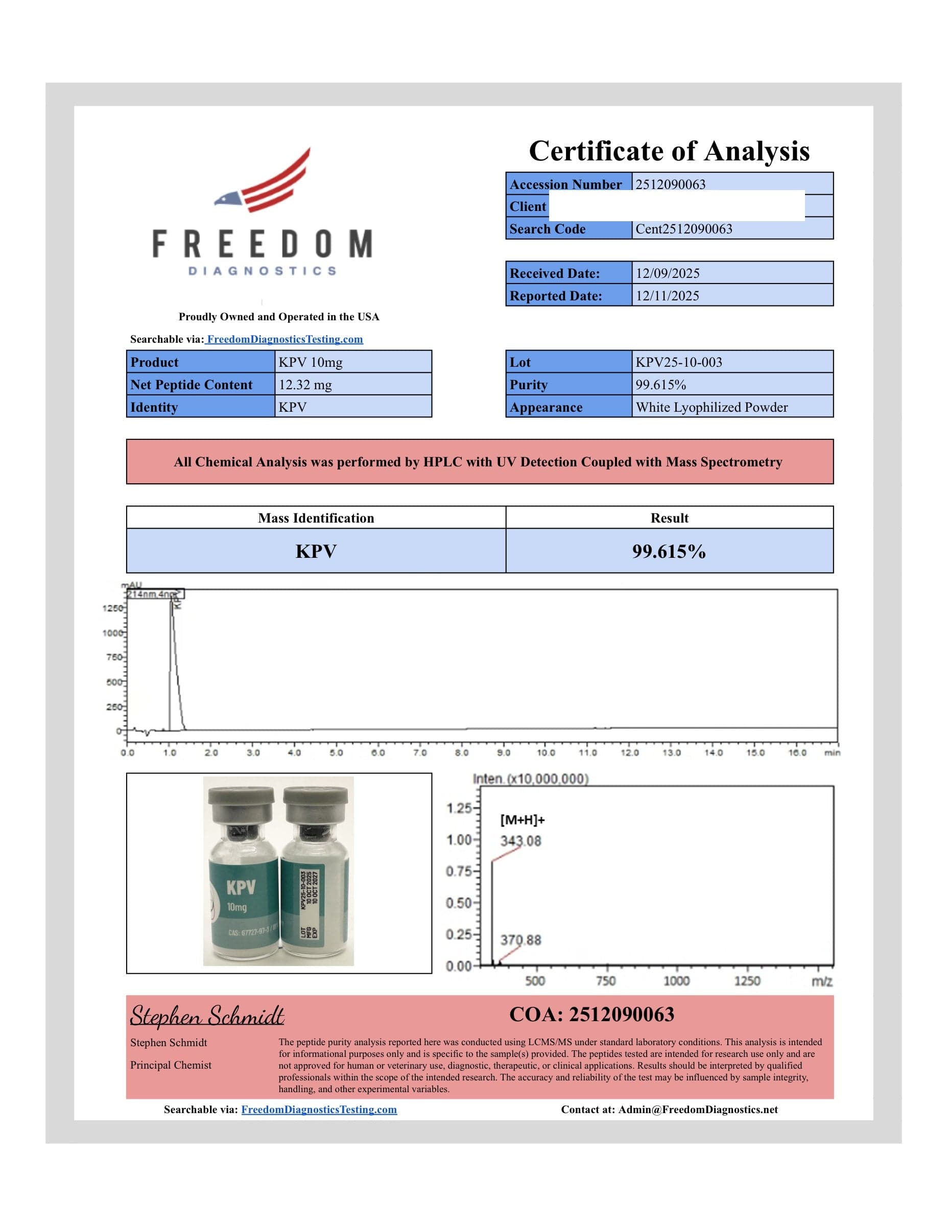Certificate of analysis for KPV, batch 10mg · 12/9/2025