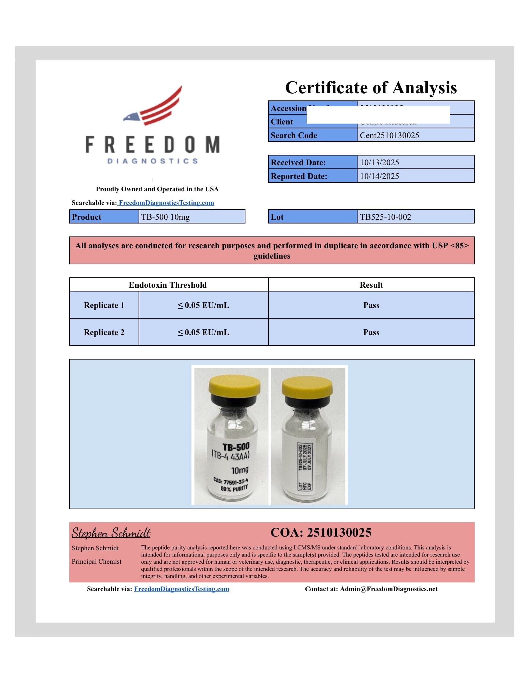 Certificate of analysis for TB-500, batch 10mg · 10/13/2025