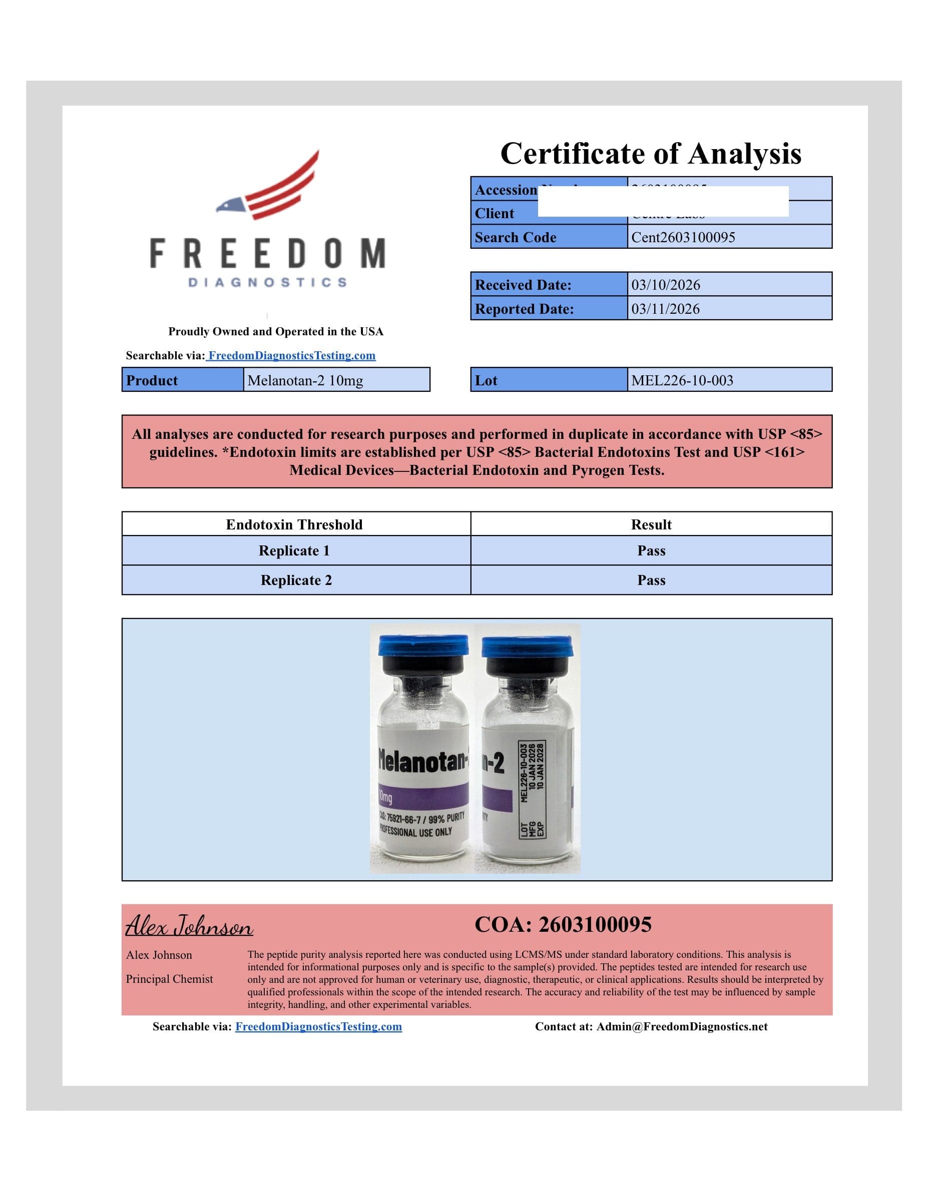 Certificate of analysis for Melanotan 2, batch 10mg · 3/12/2026