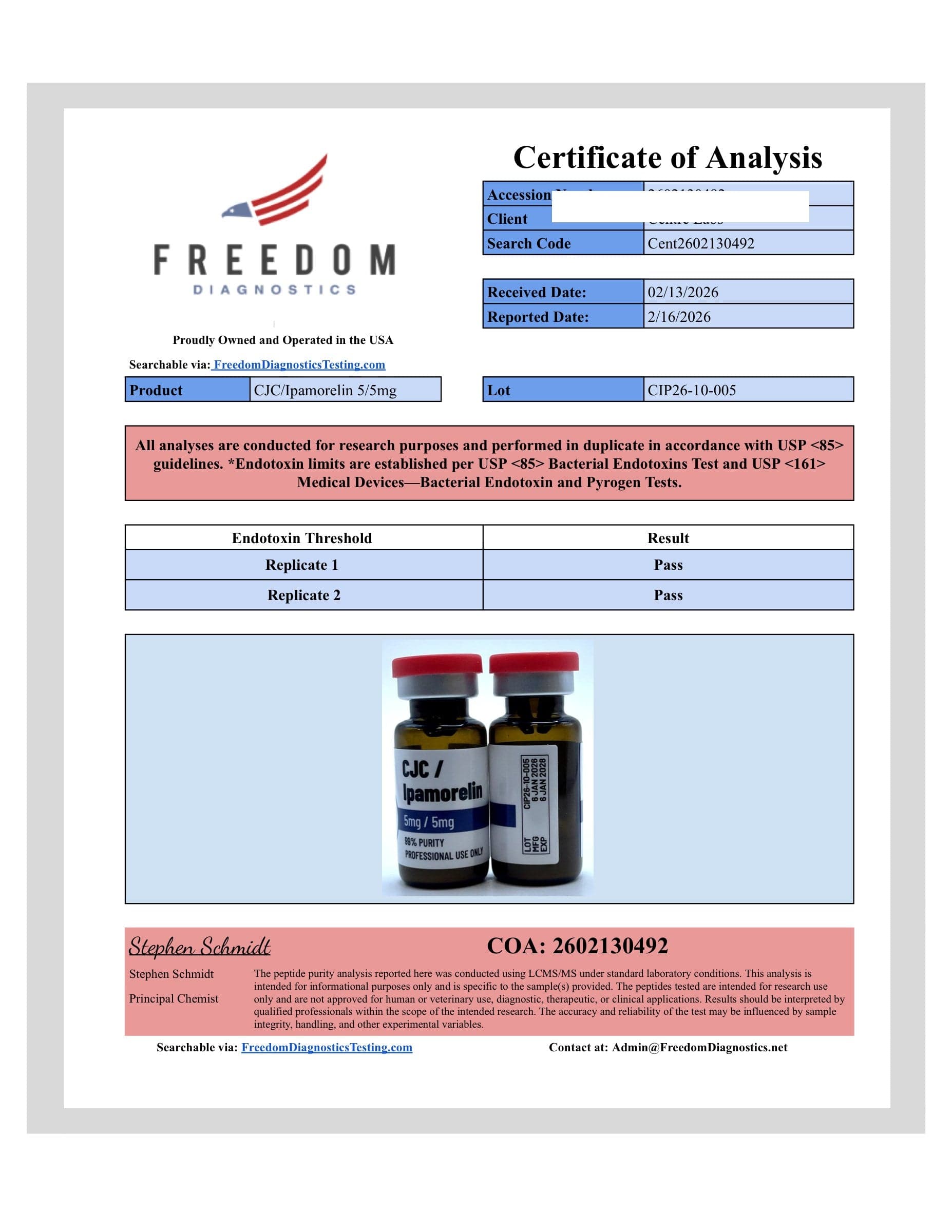 Certificate of analysis for CJC/Ipamorelin, batch 5/5mg · 2/13/2026