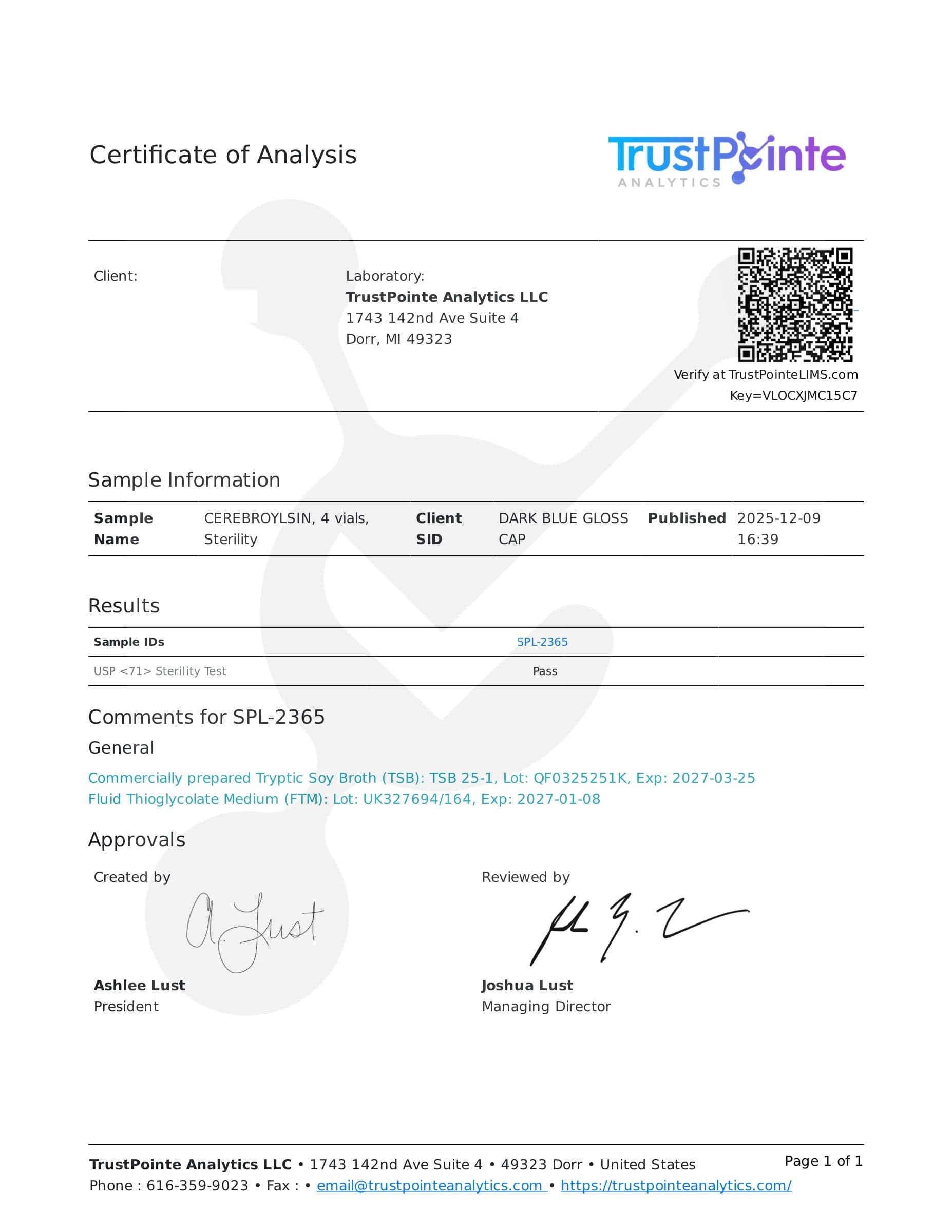 Certificate of analysis for Cerebrolysin, batch 1200mg · 12/9/2025