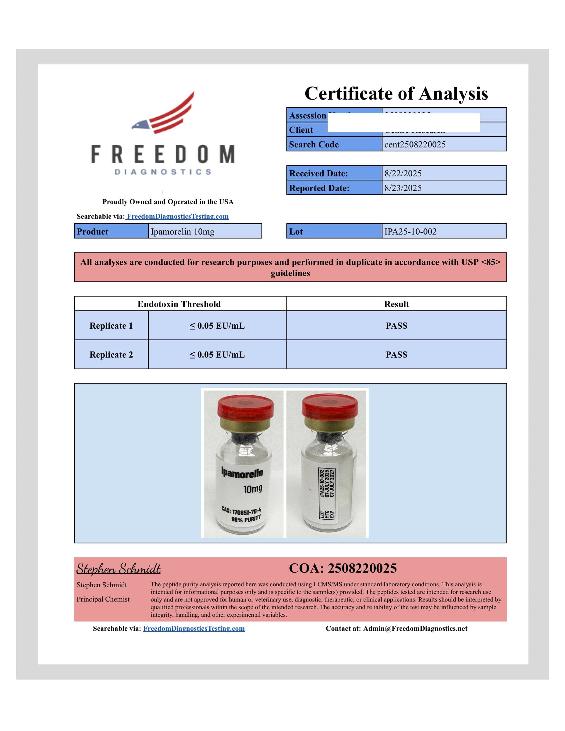 Certificate of analysis for Ipamorelin, batch 10mg · 8/22/2025