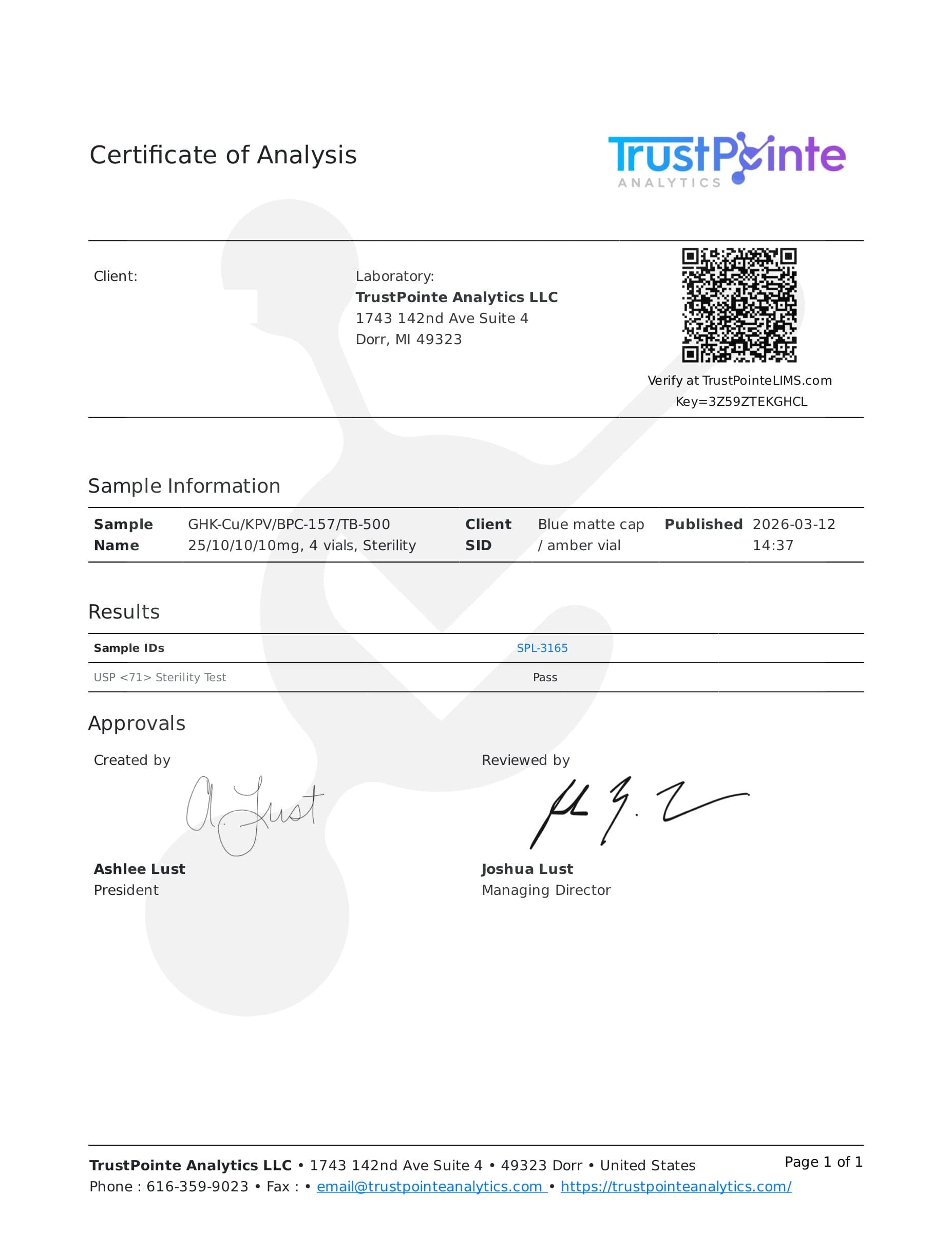 Certificate of analysis for GHK/KPV/BPC/TB500, batch 25/10/10/10mg · 3/12/2026