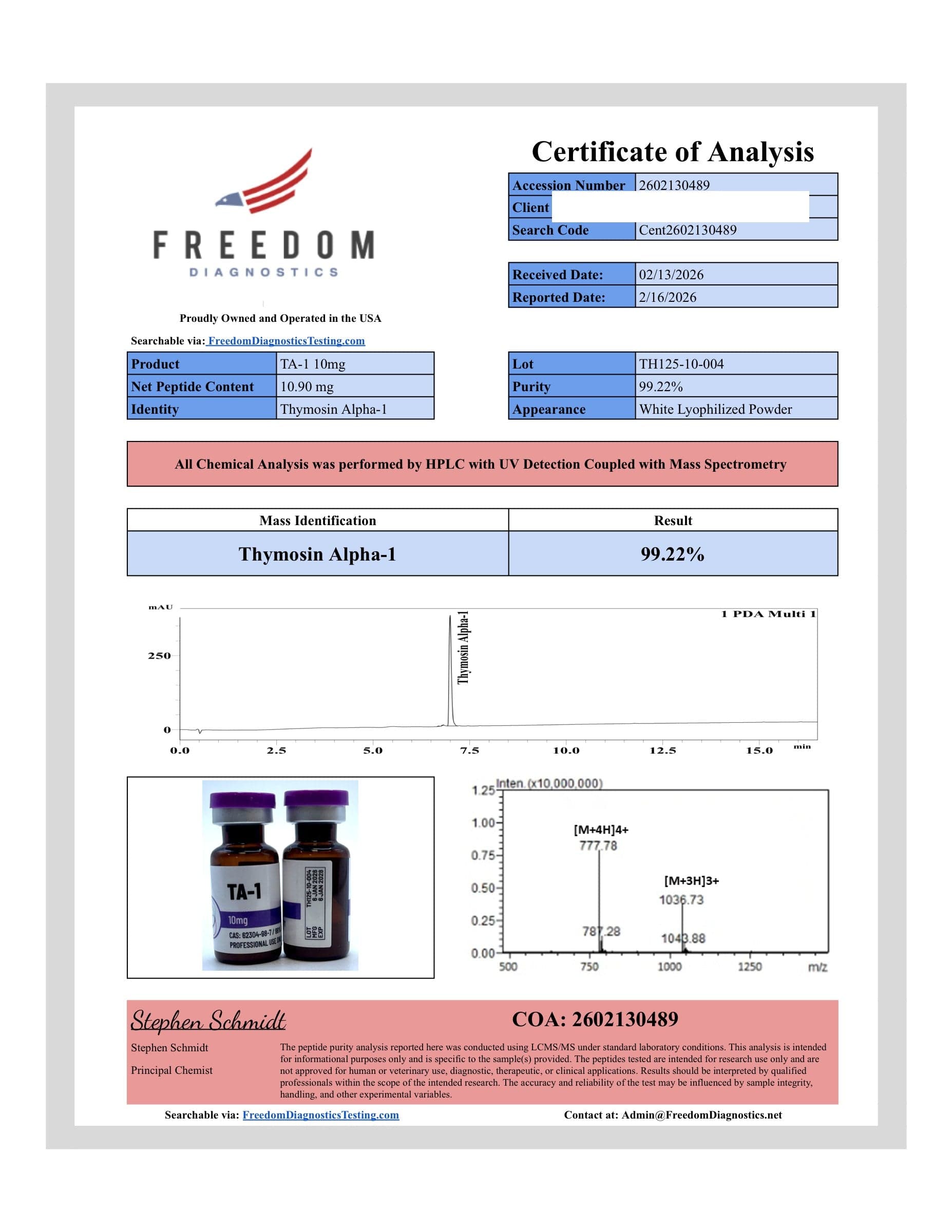 Certificate of analysis for TA-1, batch 10mg · 2/13/2026