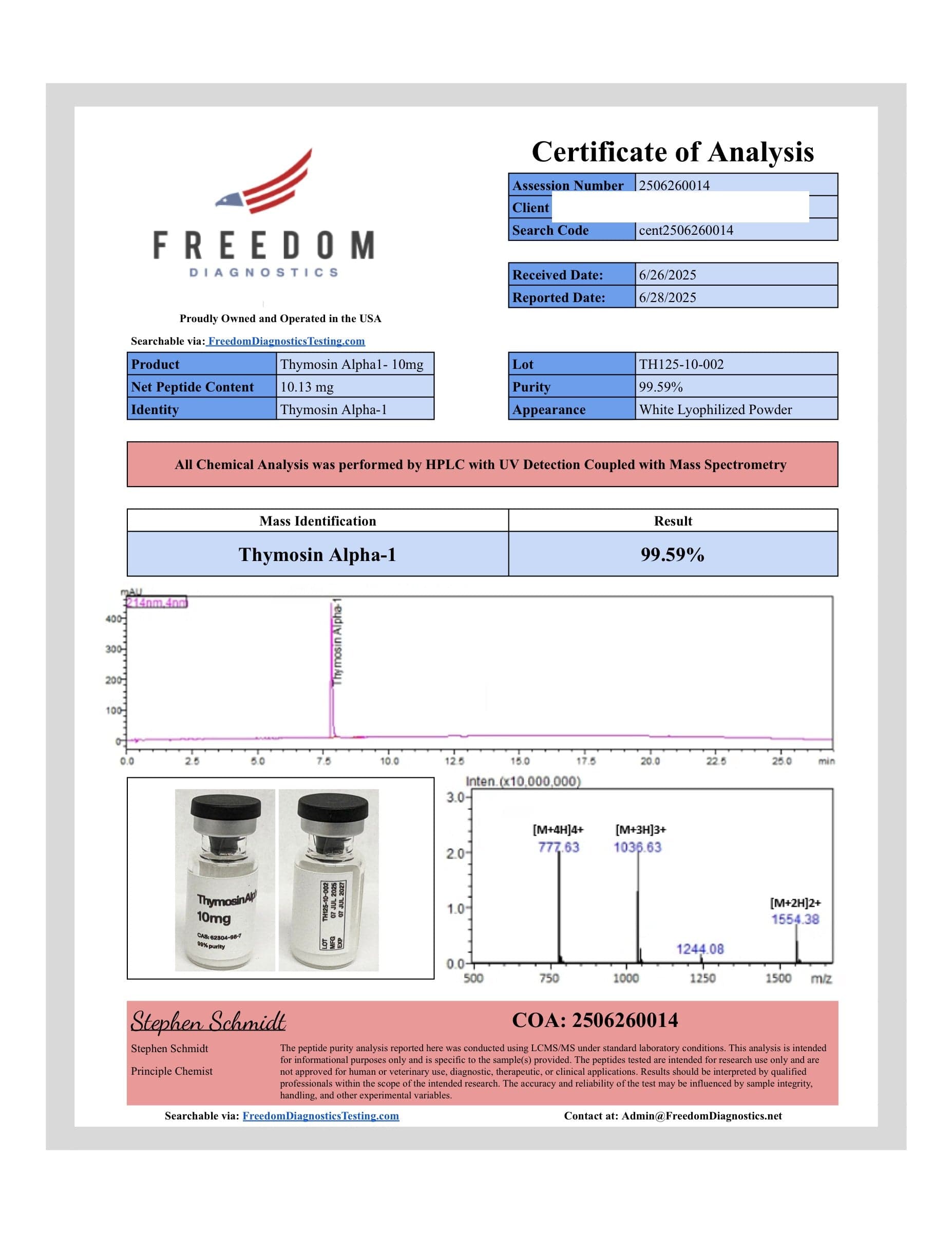 Certificate of analysis for TA-1, batch 10mg · 6/26/2025