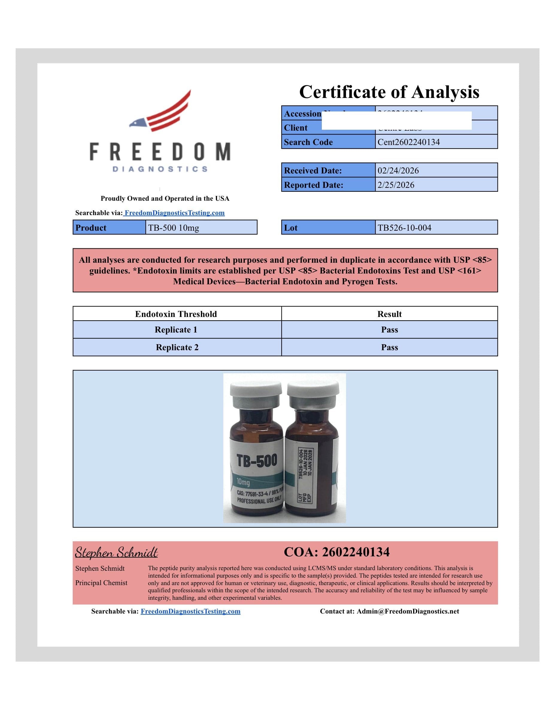 Certificate of analysis for TB-500, batch 10mg · 2/26/2026