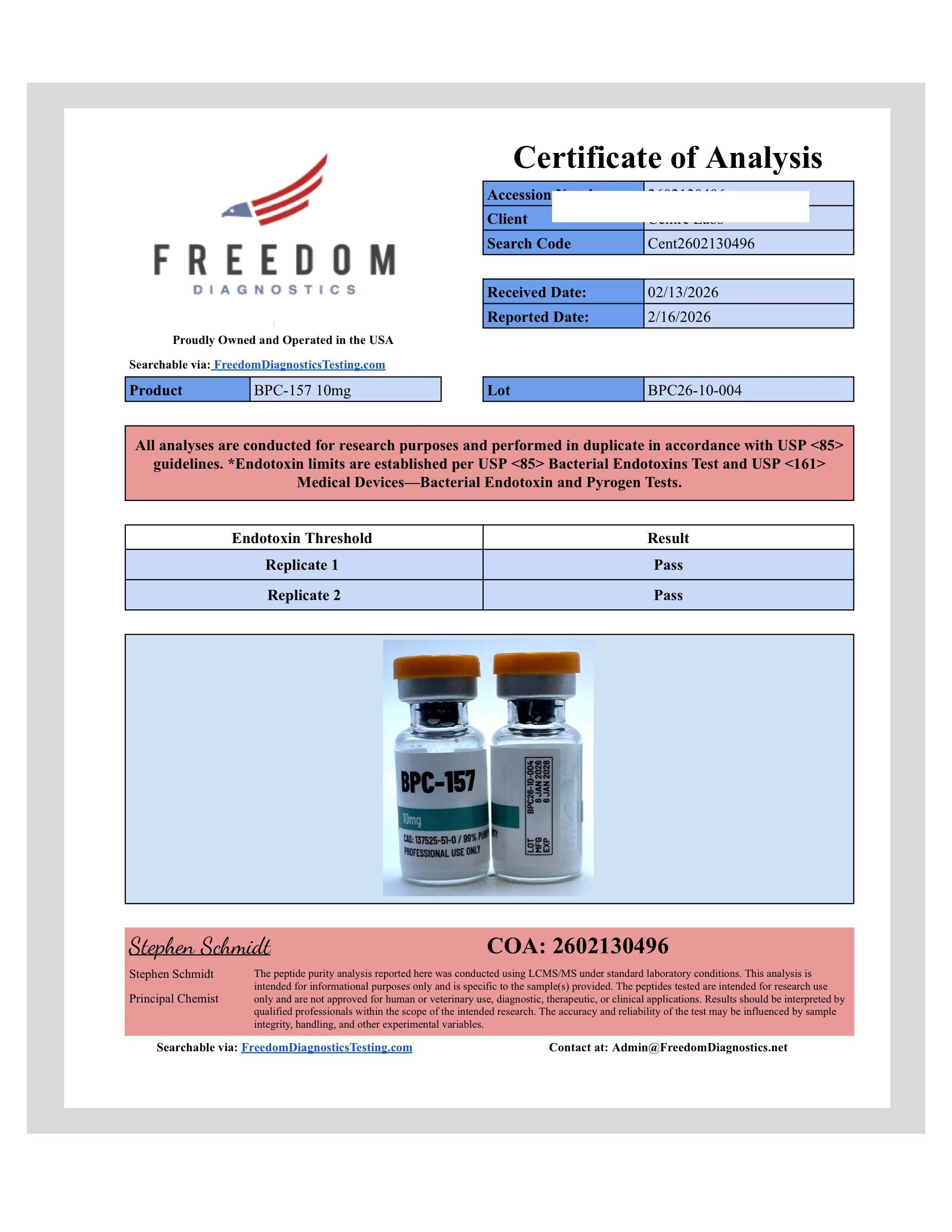 Certificate of analysis for BPC-157, batch 10mg · 2/13/2026