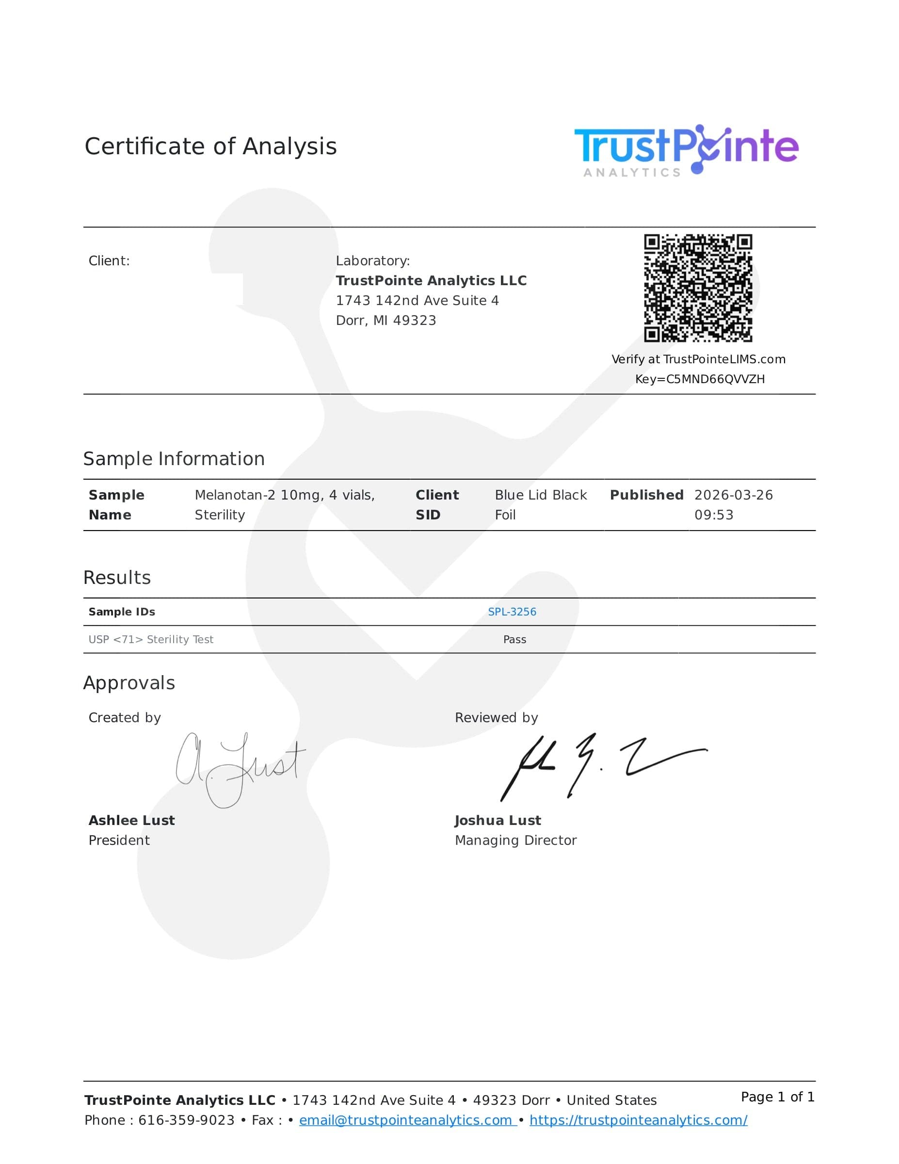 Certificate of analysis for Melanotan 2, batch 10mg · 3/26/2026