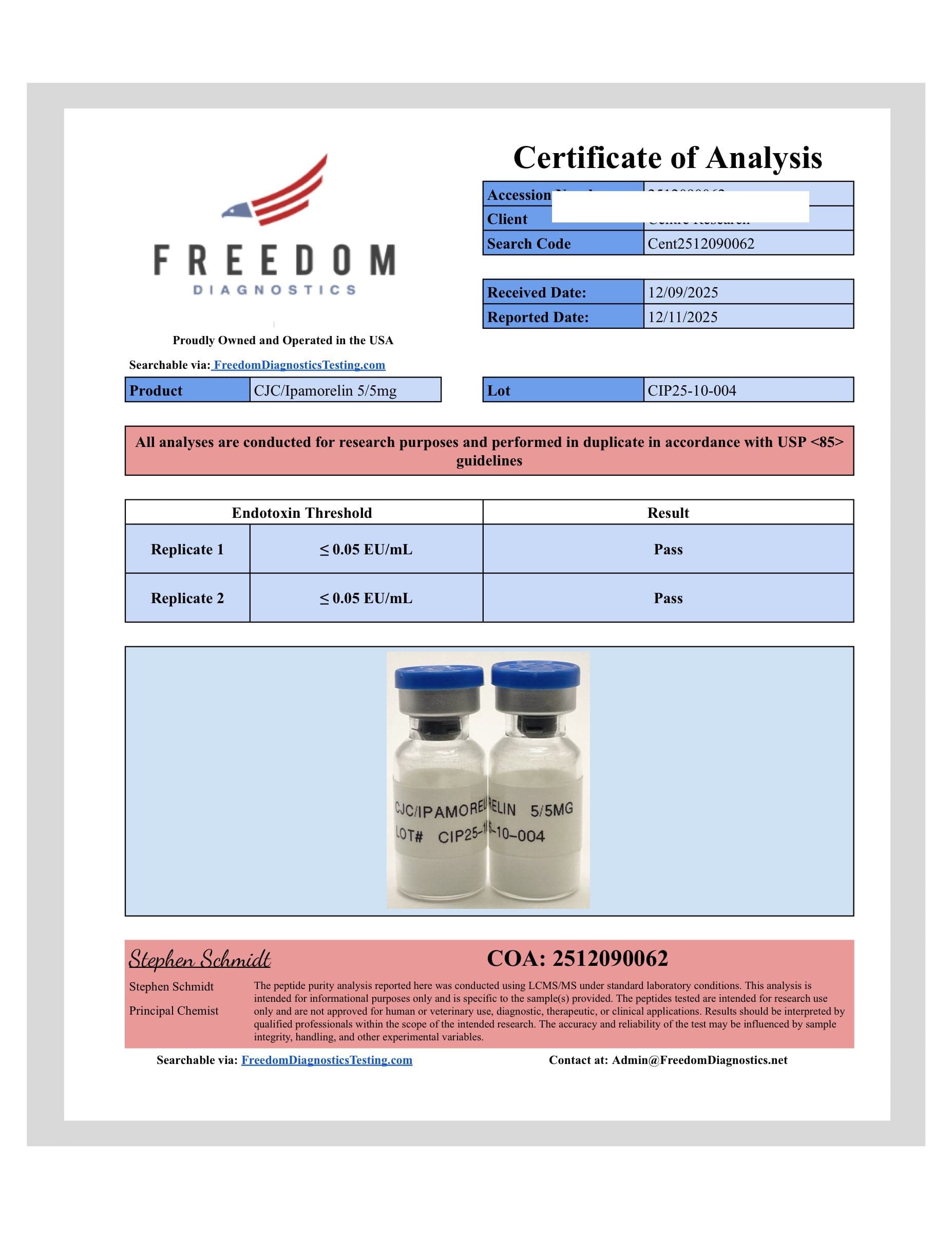 Certificate of analysis for CJC/Ipamorelin, batch 5/5mg · 12/9/2025