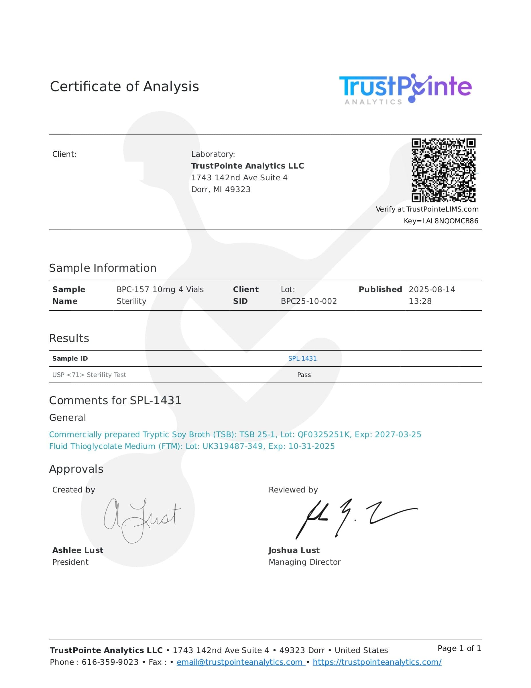 Certificate of analysis for BPC-157, batch 10mg · 8/14/2025