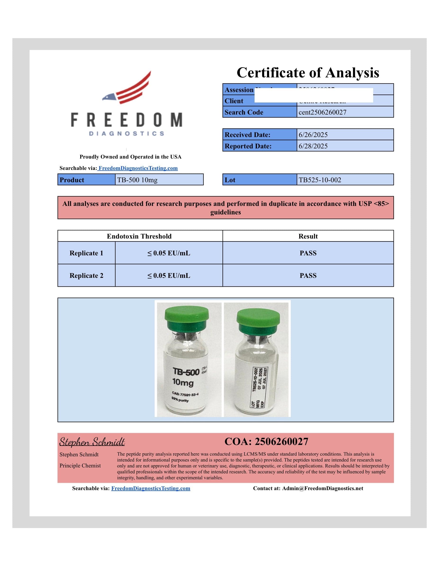 Certificate of analysis for TB-500, batch 10mg · 6/26/2025