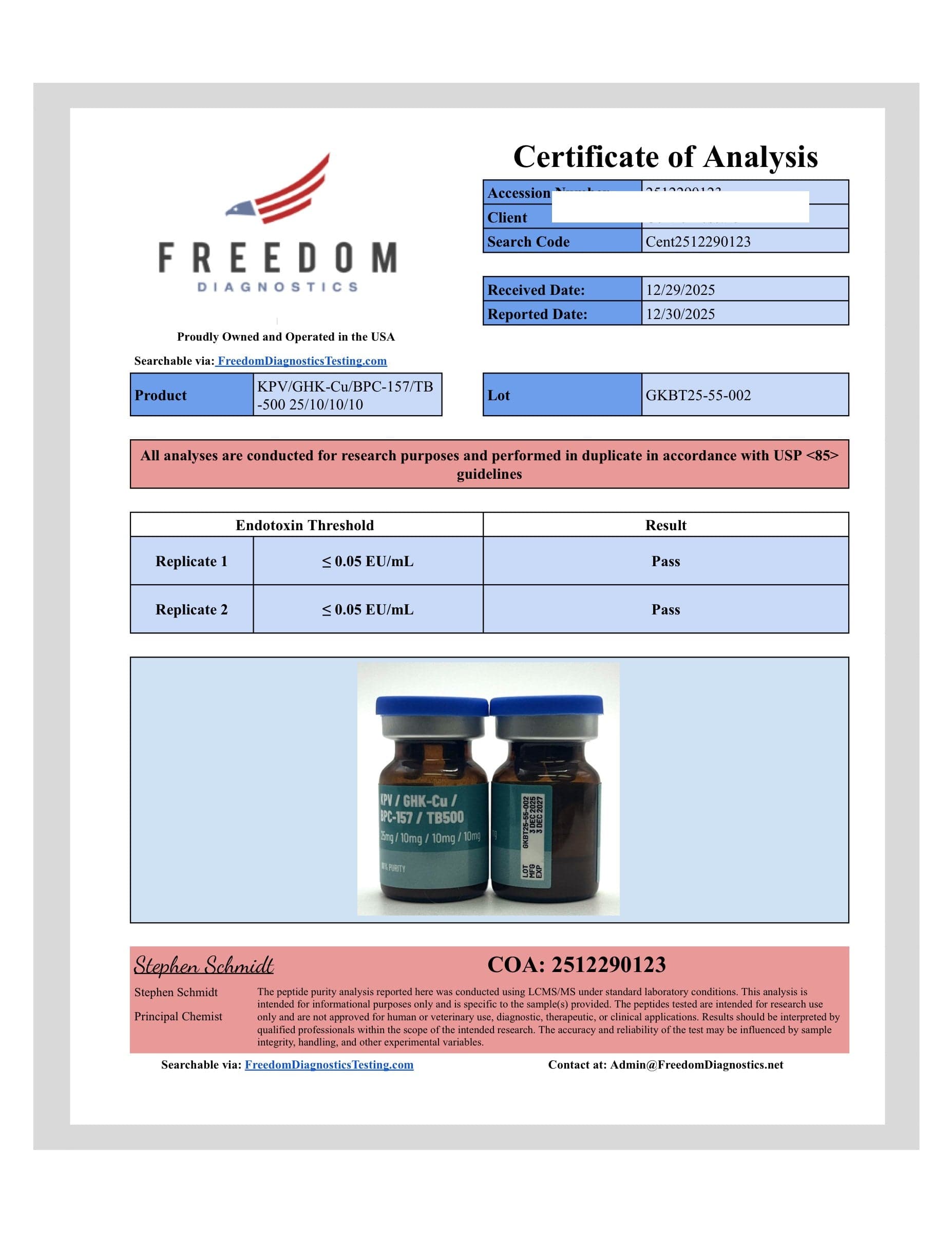 Certificate of analysis for GHK/KPV/BPC/TB500, batch 25/10/10/10mg · 12/29/2025