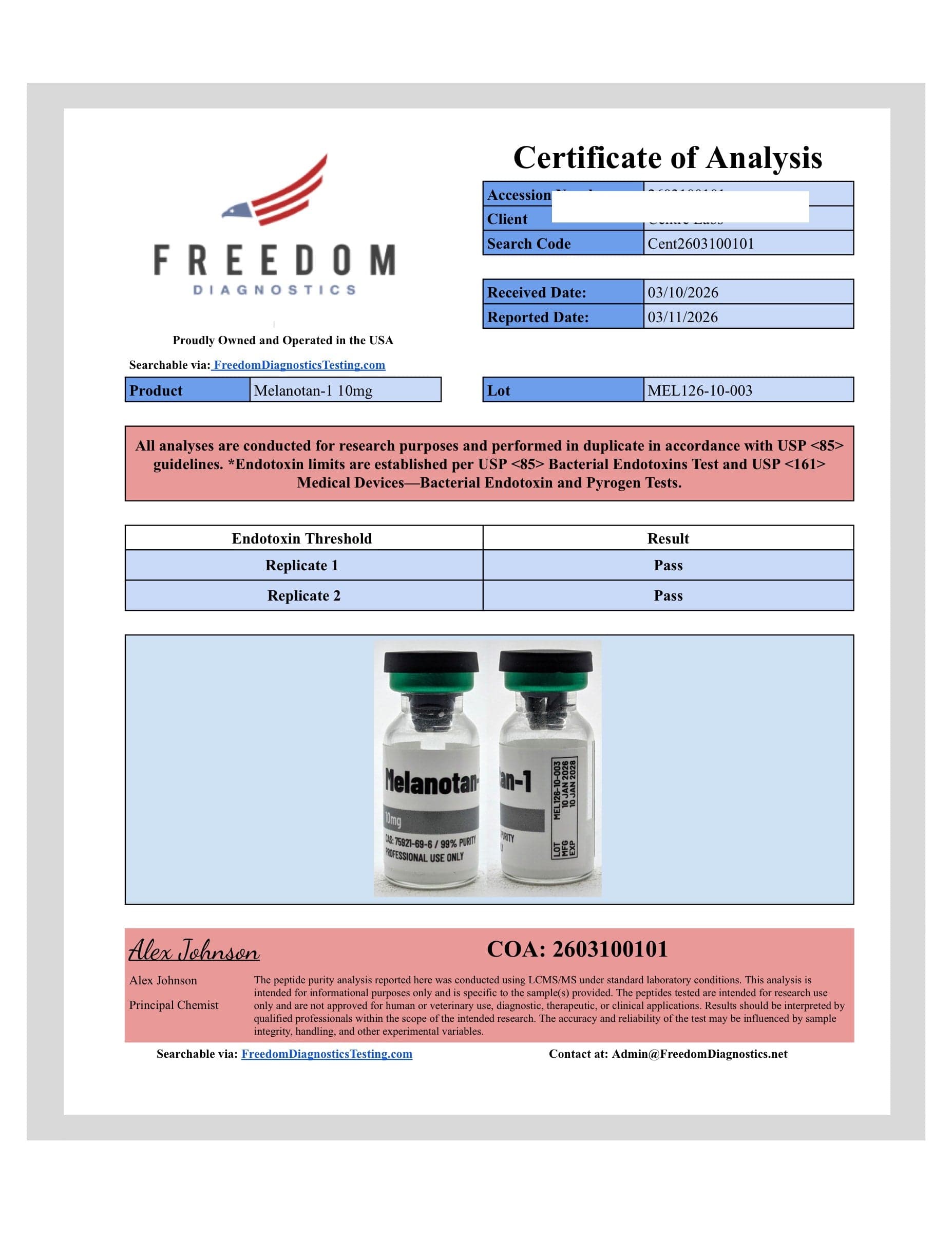 Certificate of analysis for Melanotan 1, batch 10mg · 3/12/2026