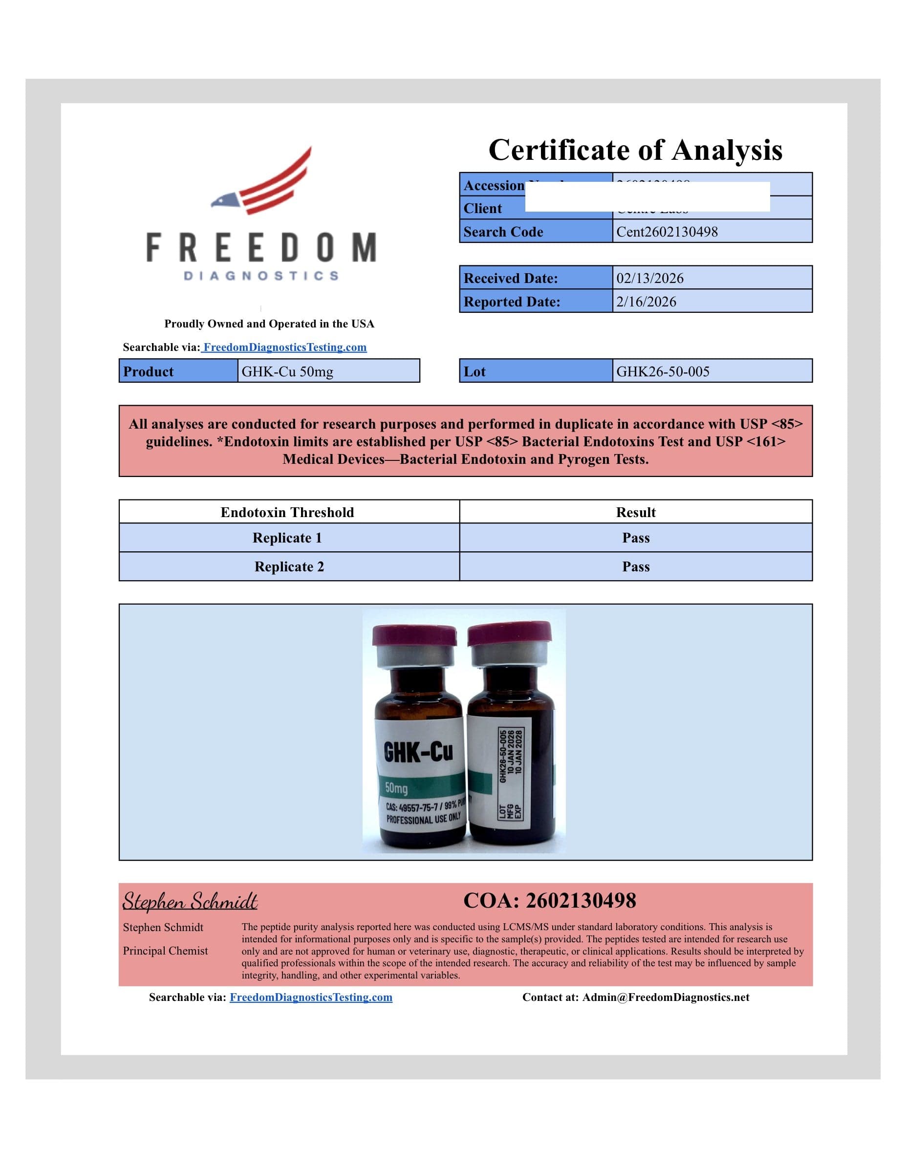 Certificate of analysis for GHK-Cu, batch 50mg · 2/13/2026