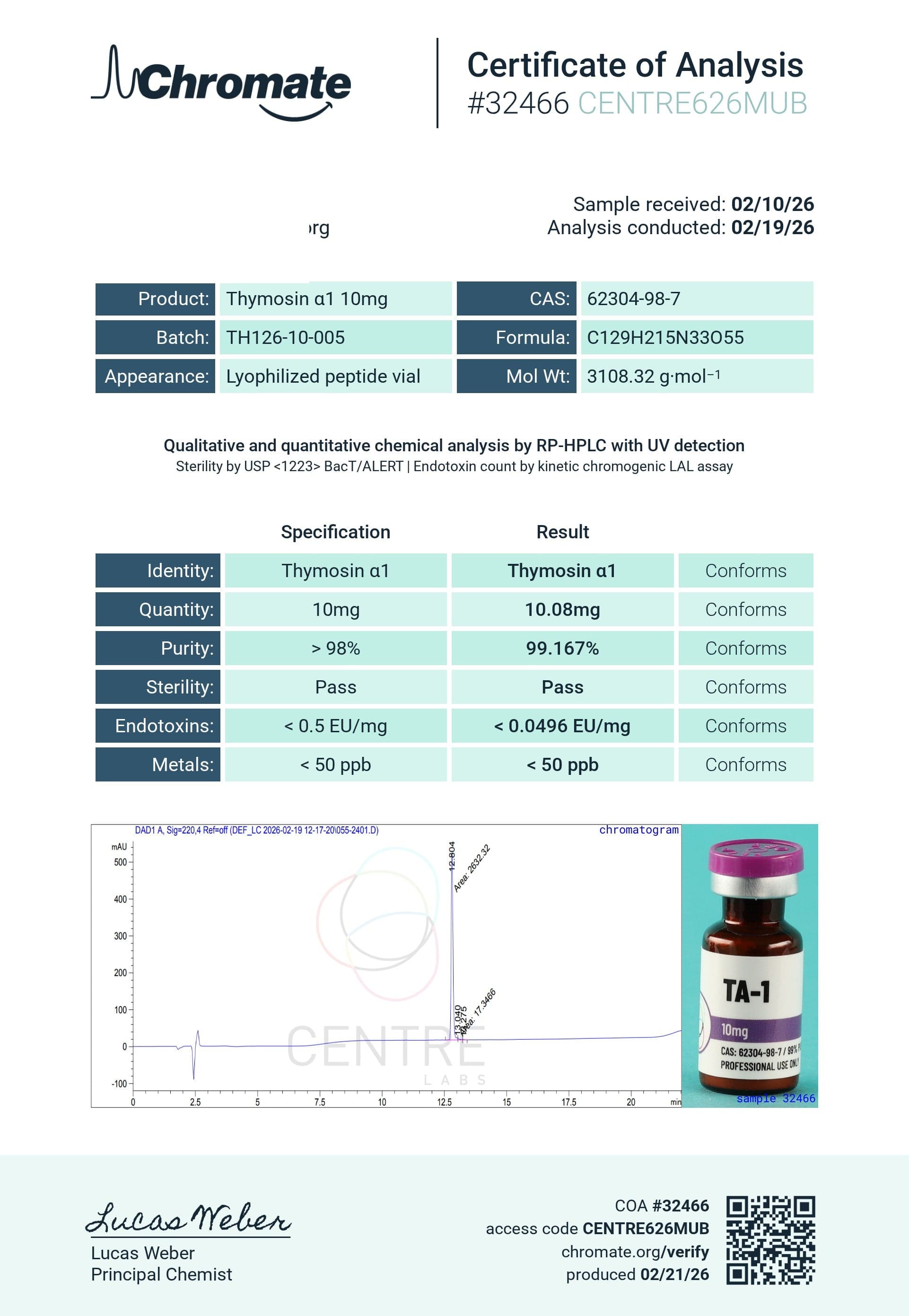 Certificate of analysis for TA-1, batch 10mg · 2/23/2026