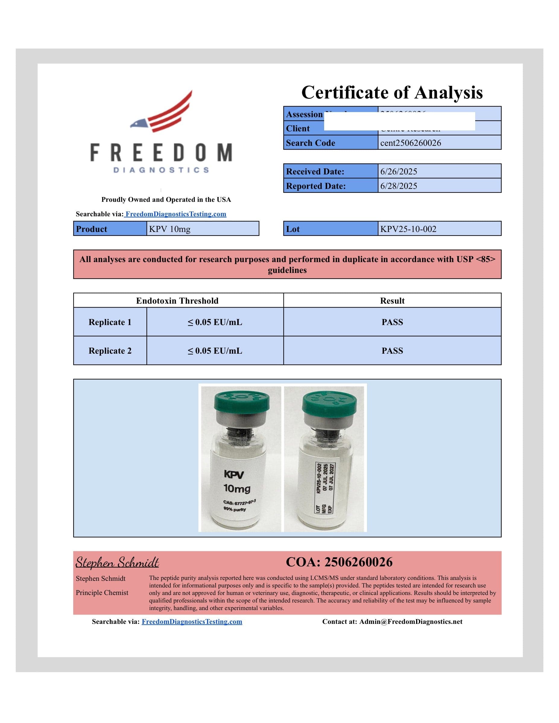 Certificate of analysis for KPV, batch 10mg · 6/26/2025