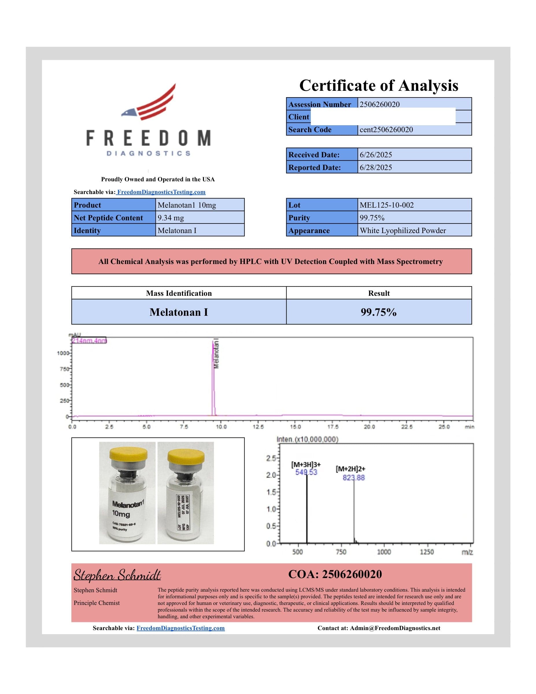 Certificate of analysis for Melanotan 1, batch 10mg · 6/26/2025