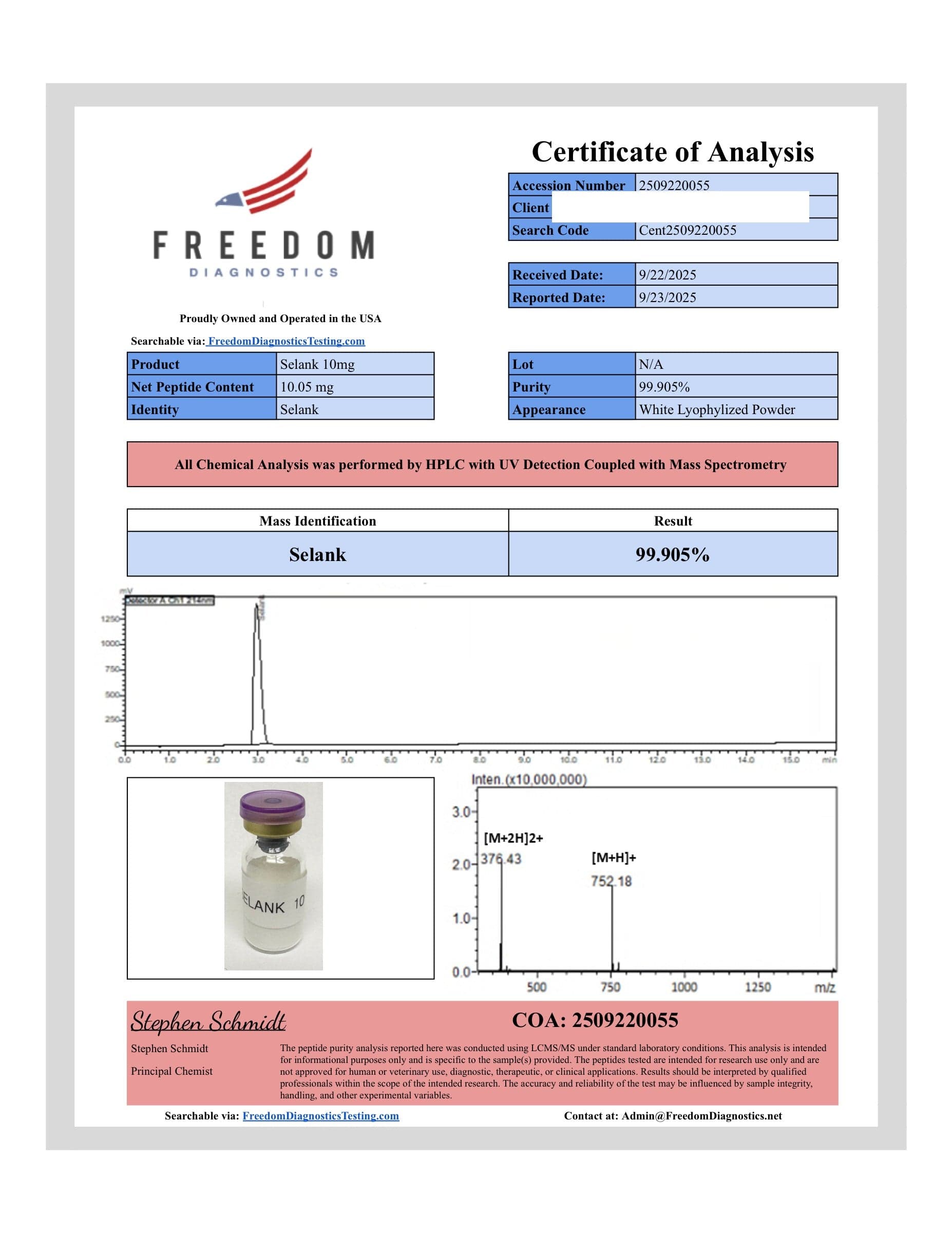 Certificate of analysis for Selank, batch 10mg · 9/22/2025