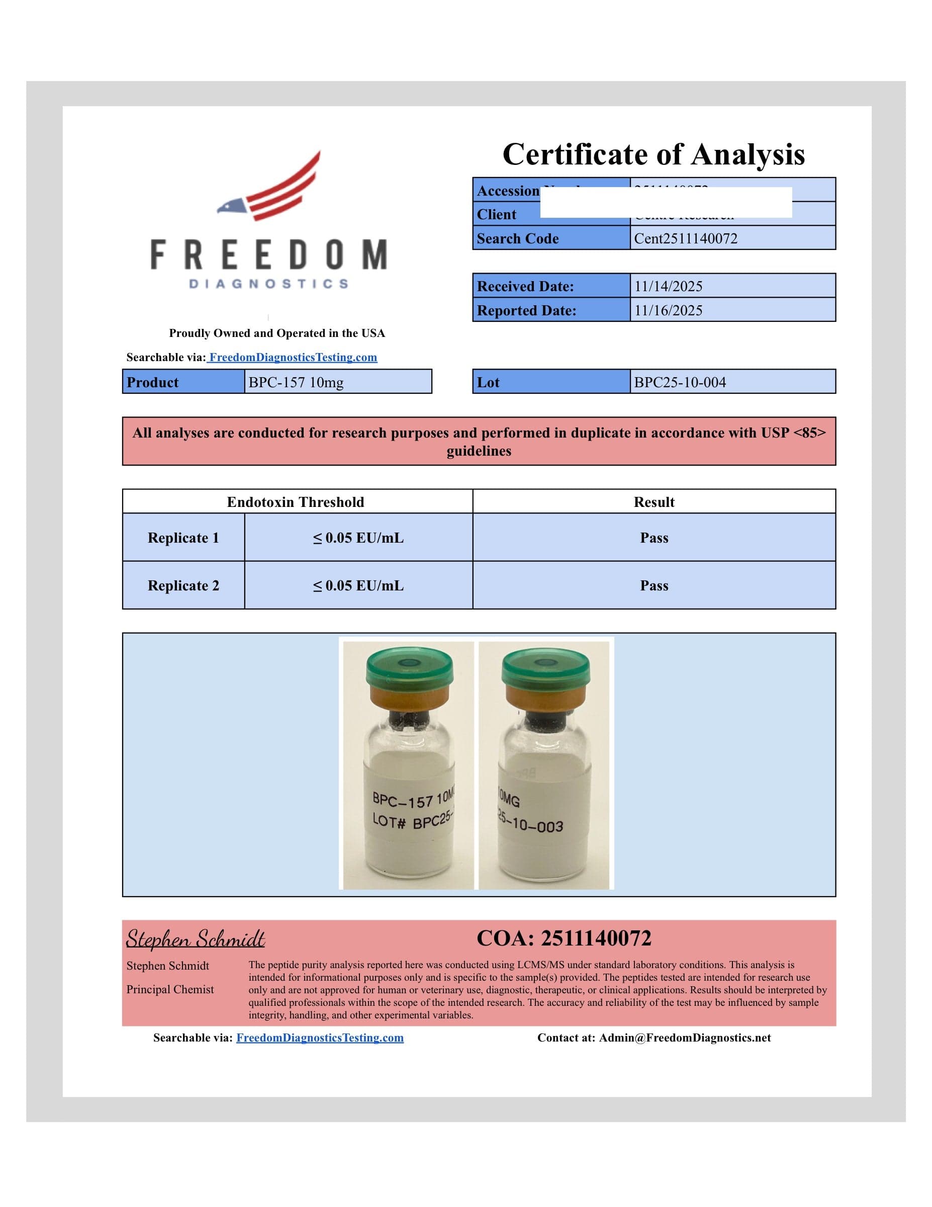Certificate of analysis for BPC-157, batch 10mg · 11/16/2025