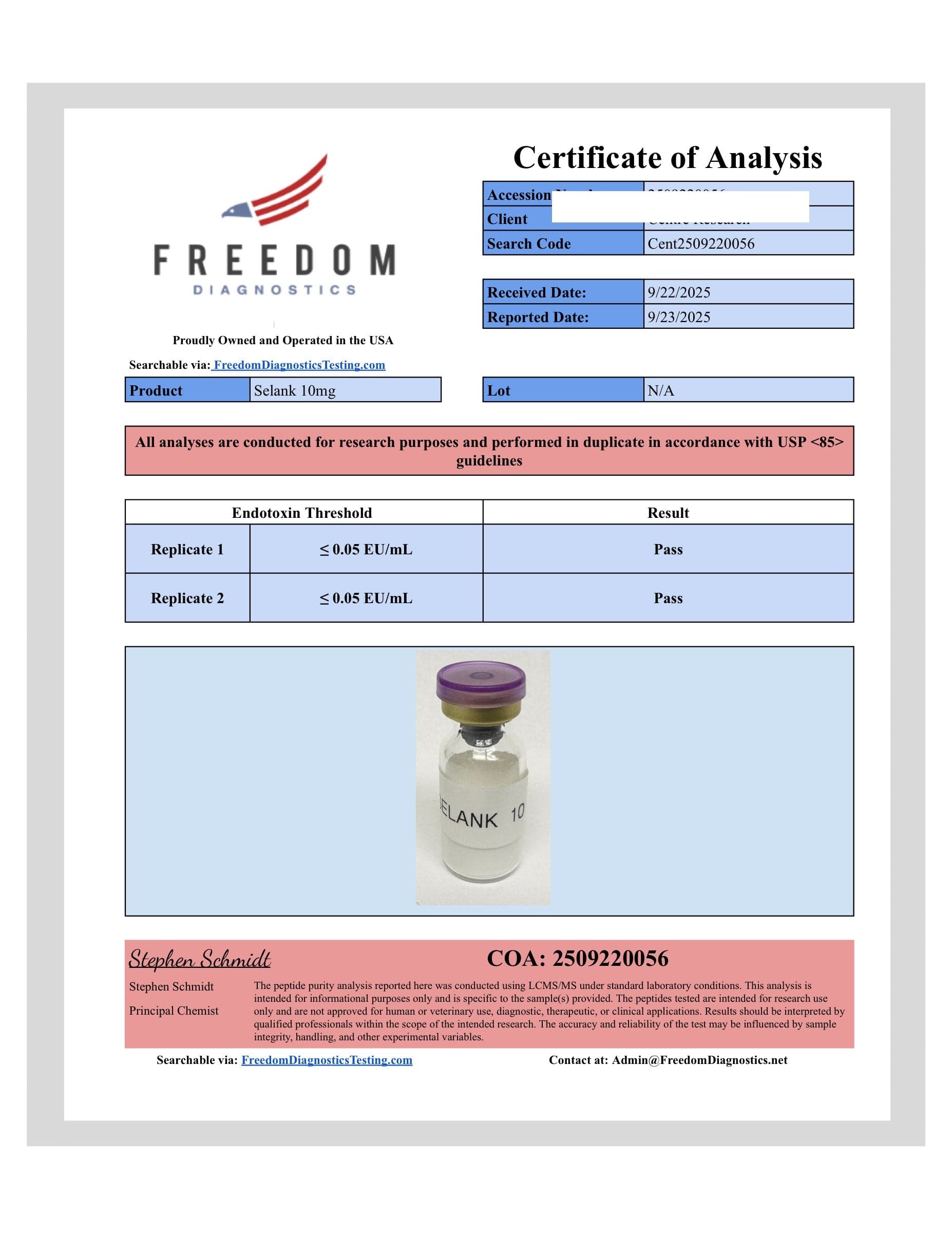 Certificate of analysis for Selank, batch 10mg ·