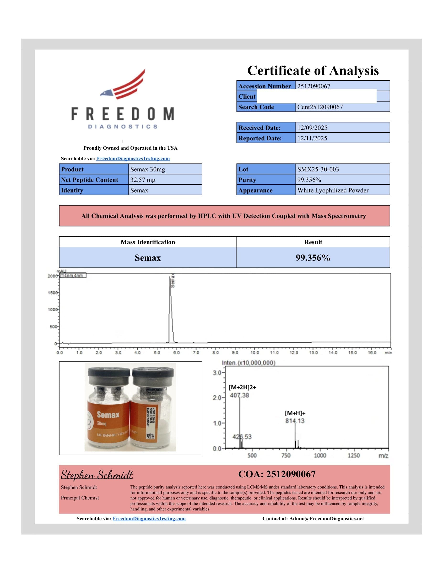 Certificate of analysis for Semax, batch 30mg · 12/9/2025