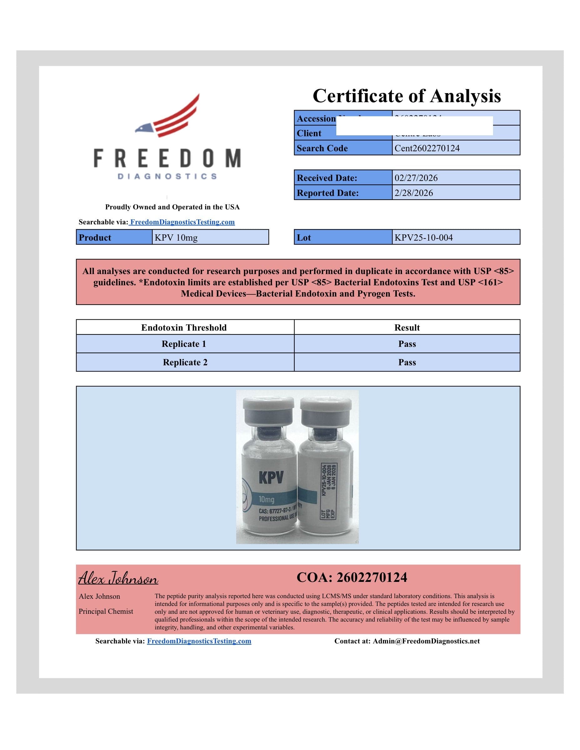 Certificate of analysis for KPV, batch 10mg · 3/2/2026