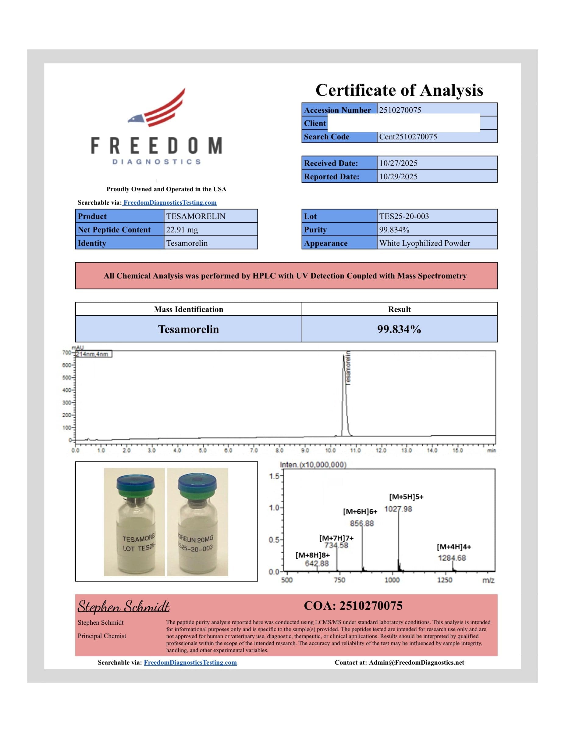 Certificate of analysis for Tesamorelin, batch 20mg · 10/27/2025