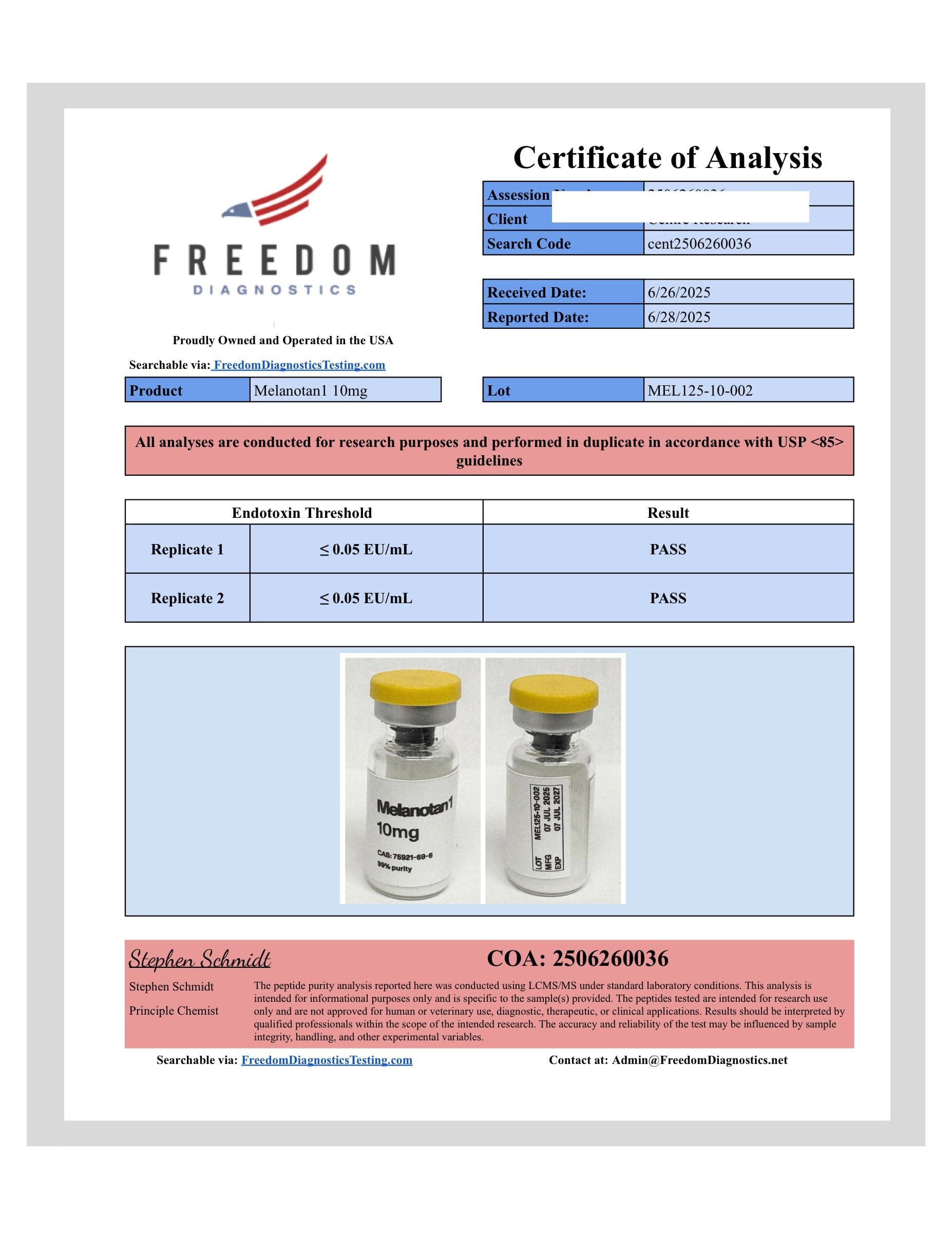 Certificate of analysis for Melanotan 1, batch 10mg · 6/26/2025