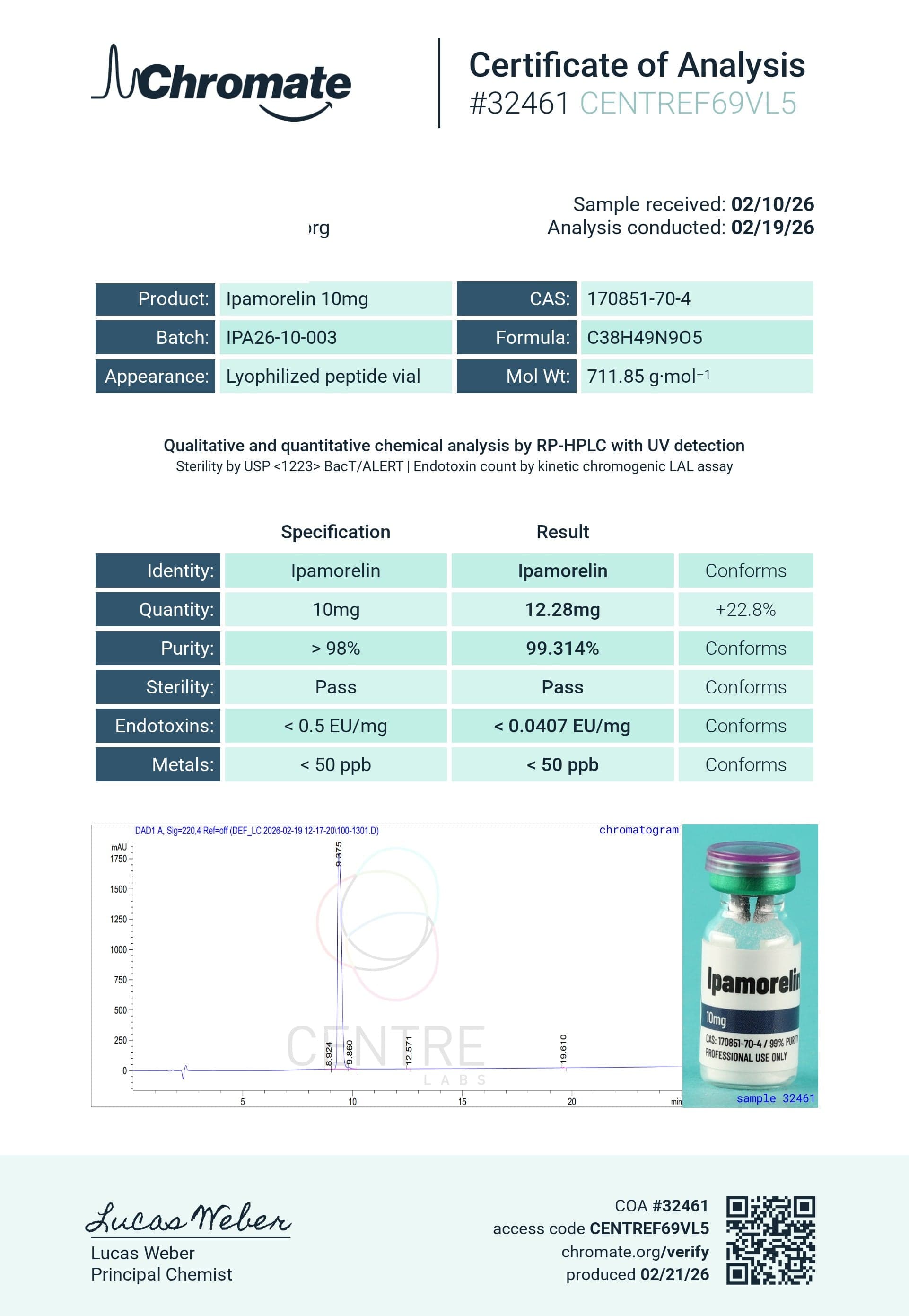 Certificate of analysis for Ipamorelin, batch 10mg · 2/23/2026