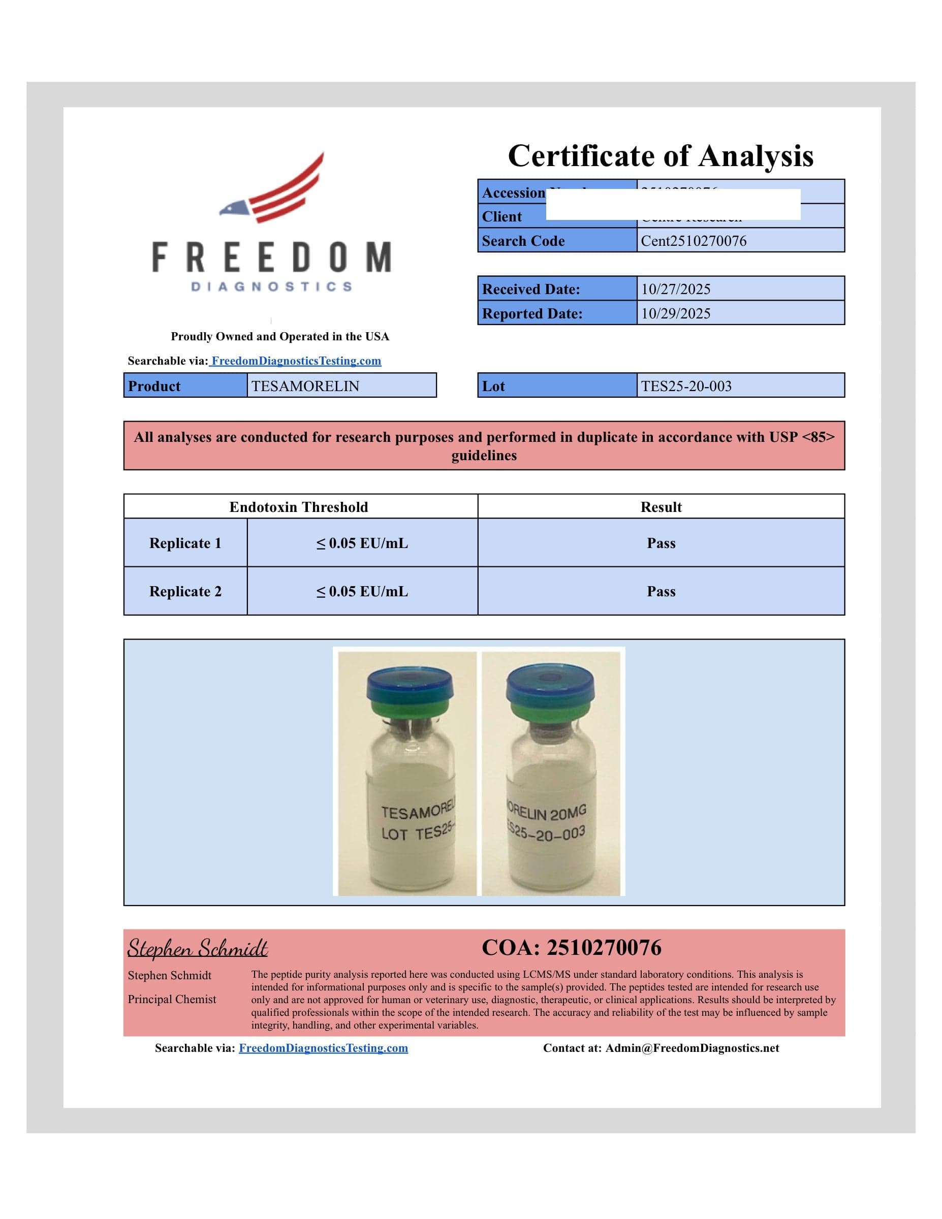 Certificate of analysis for Tesamorelin, batch 20mg · 10/27/2025