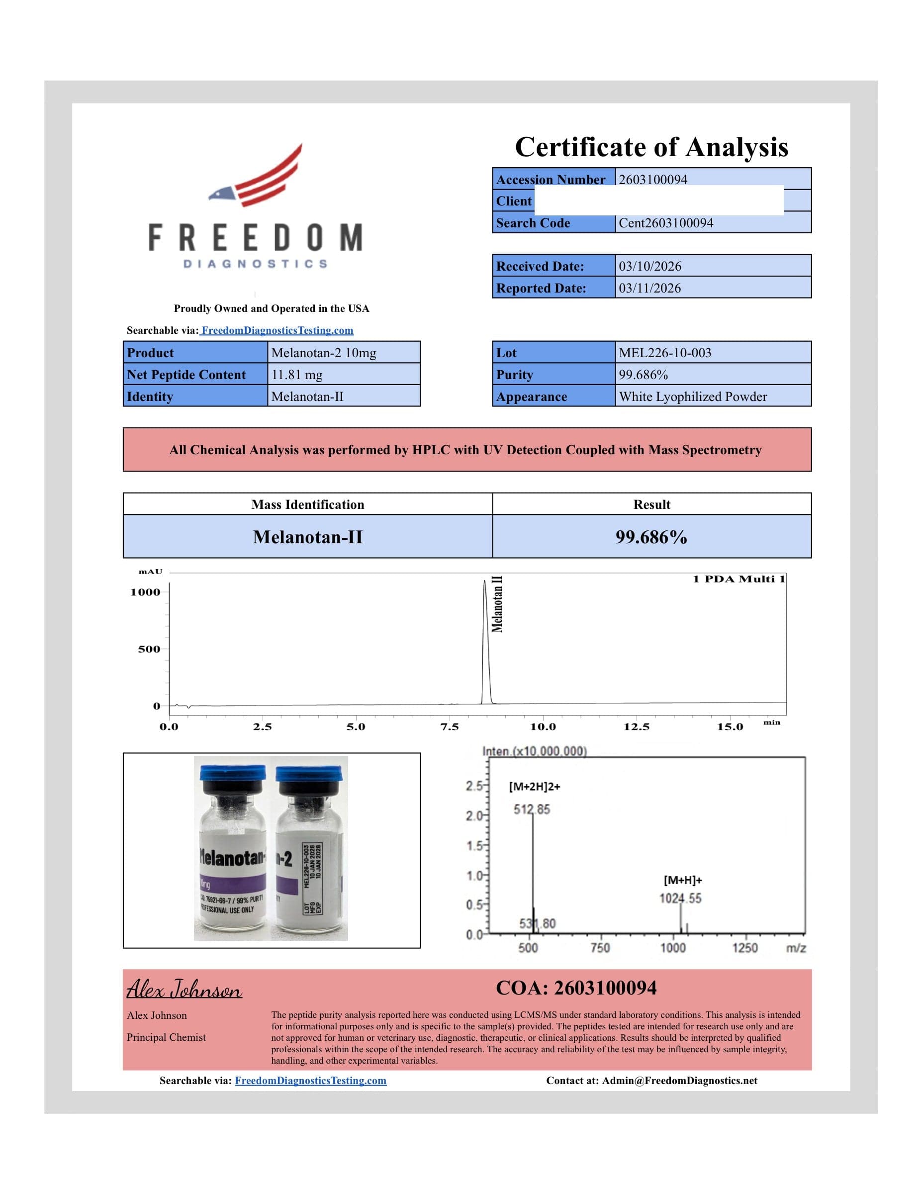 Certificate of analysis for Melanotan 2, batch 10mg · 3/12/2026