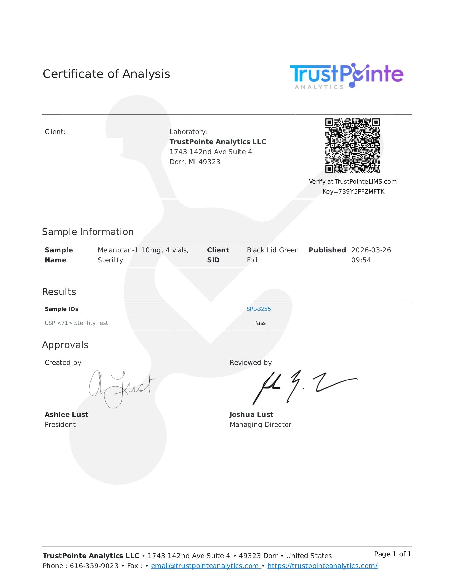 Certificate of analysis for Melanotan 1, batch 10mg · 3/26/2026