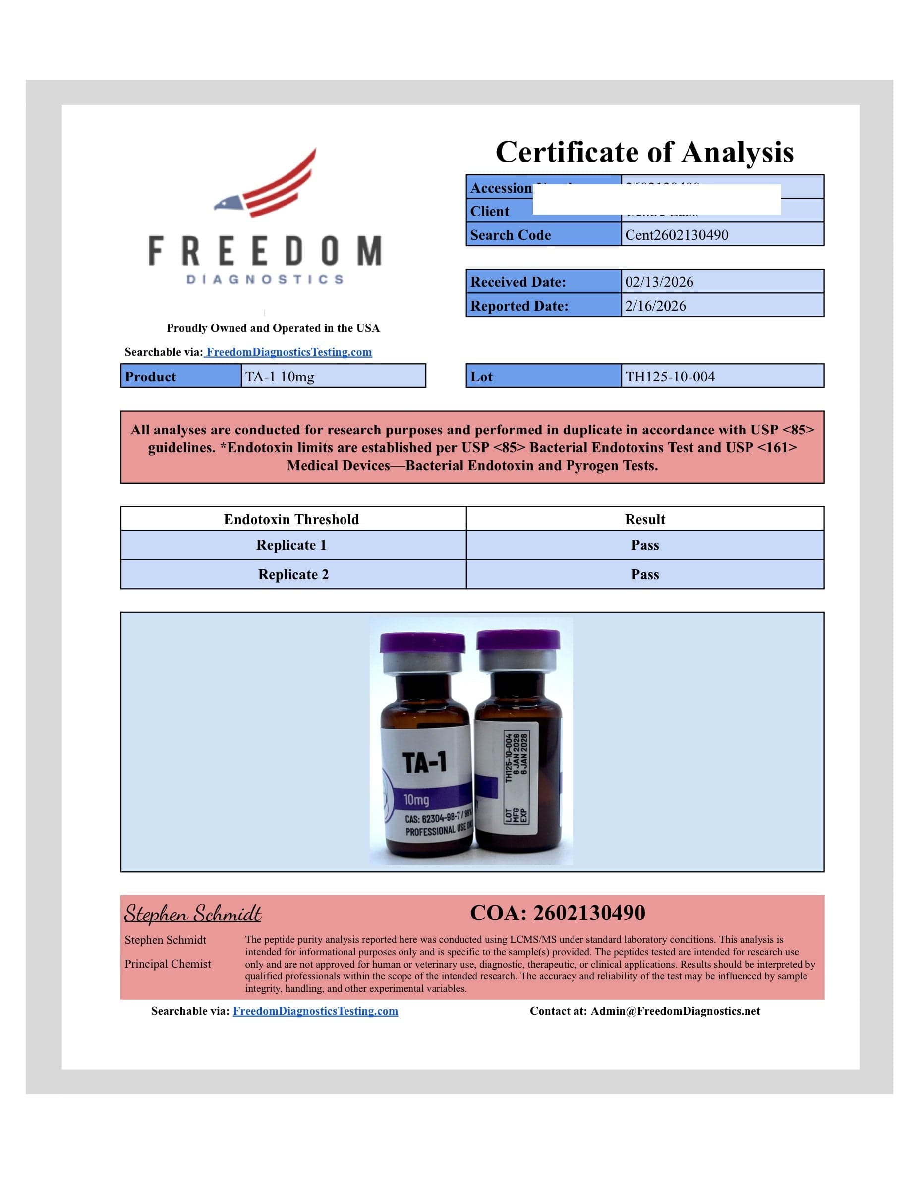 Certificate of analysis for TA-1, batch 10mg · 2/13/2026