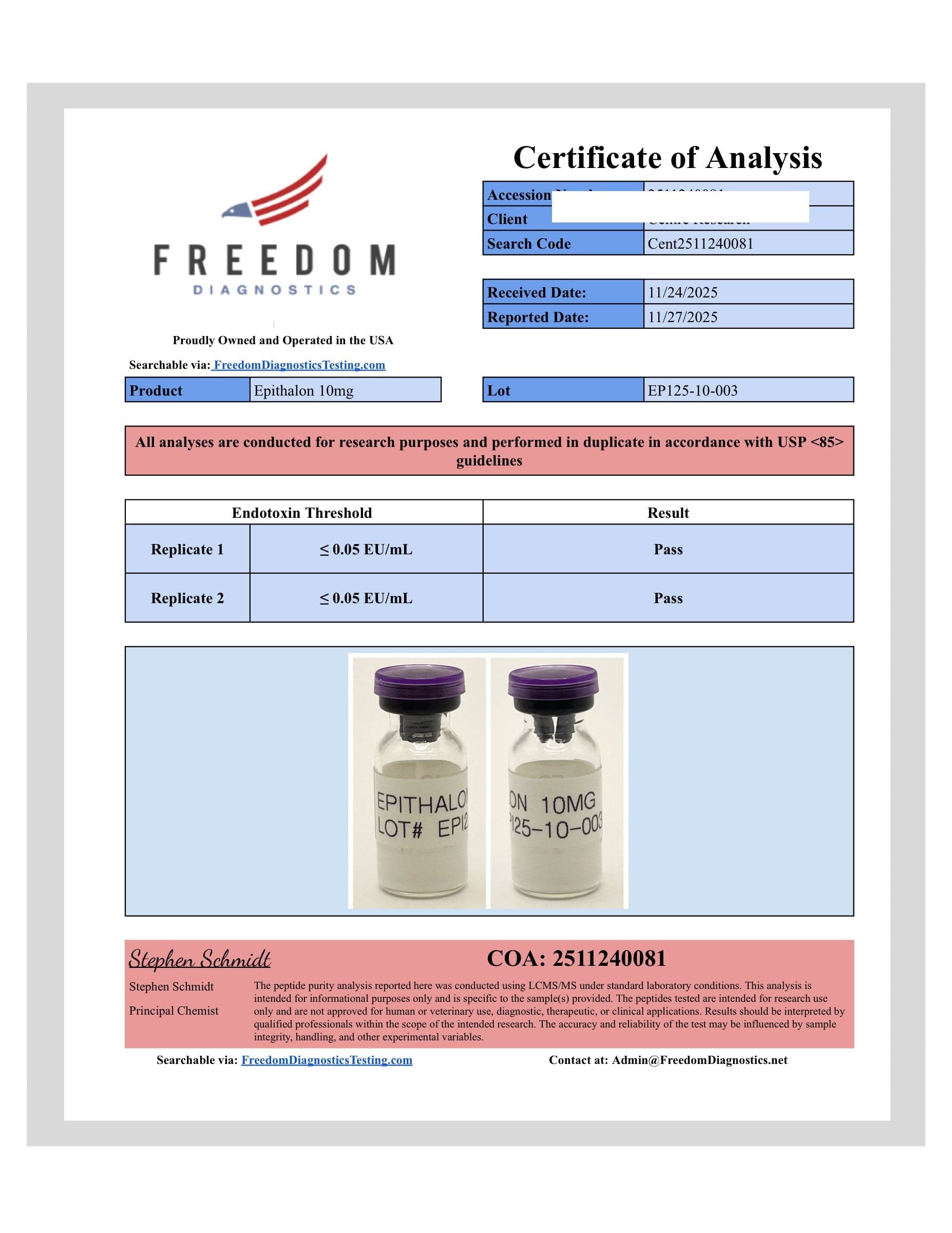 Certificate of analysis for Epitalon, batch 10mg · 11/24/2025