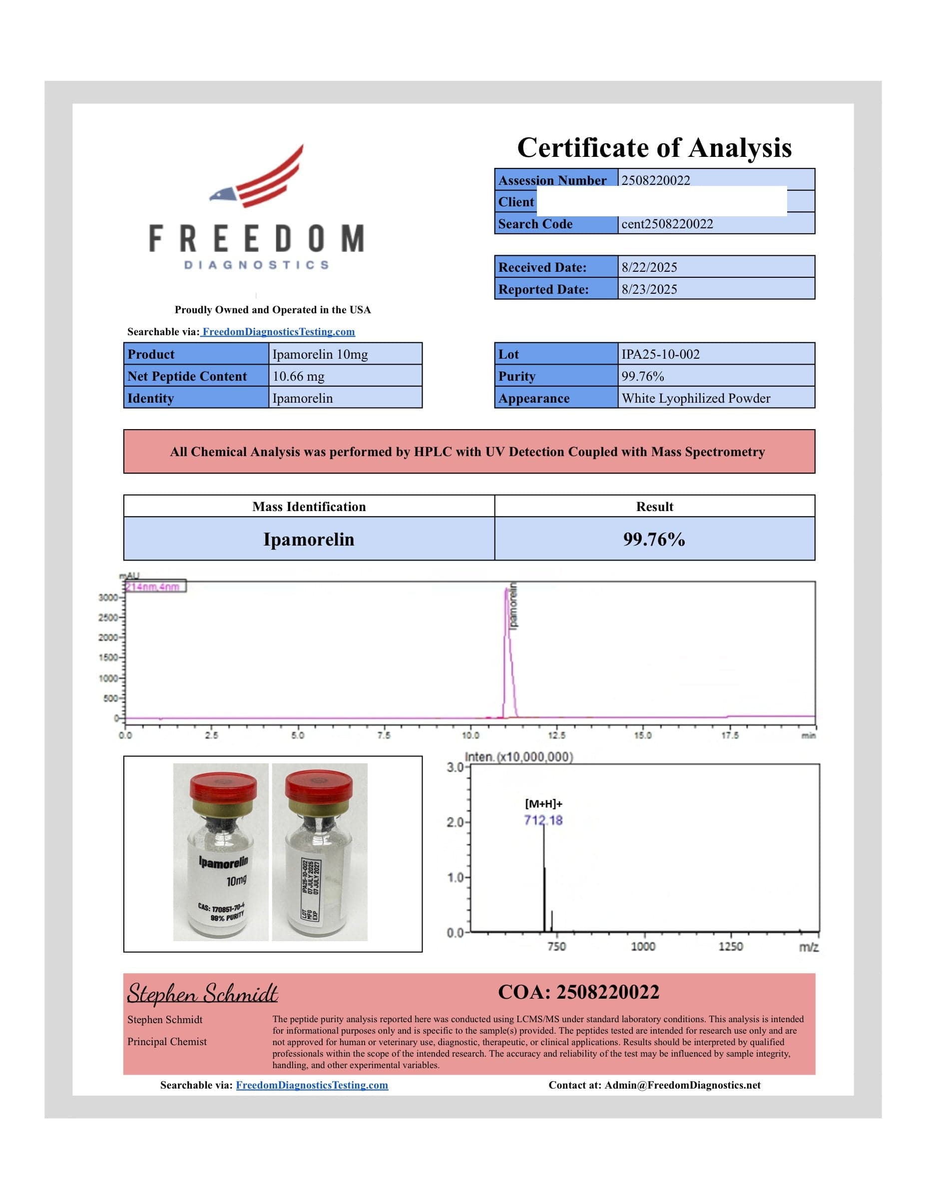 Certificate of analysis for Ipamorelin, batch 10mg · 8/22/2025