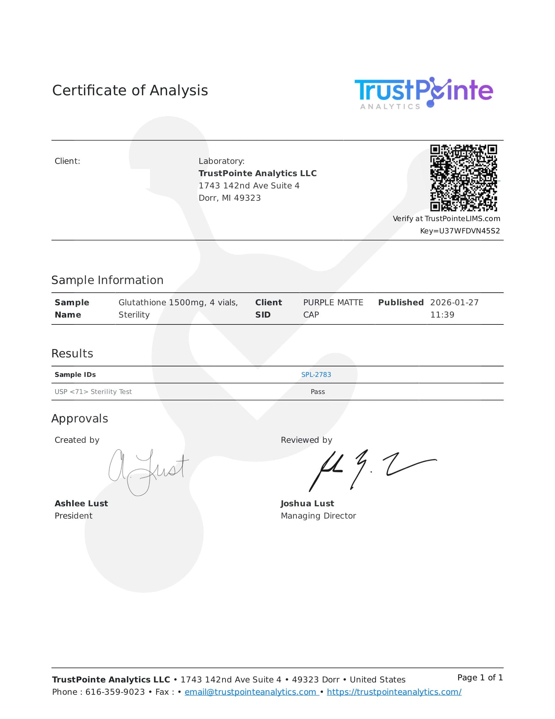 Certificate of analysis for Glutathione, batch 1500mg · 1/27/2025