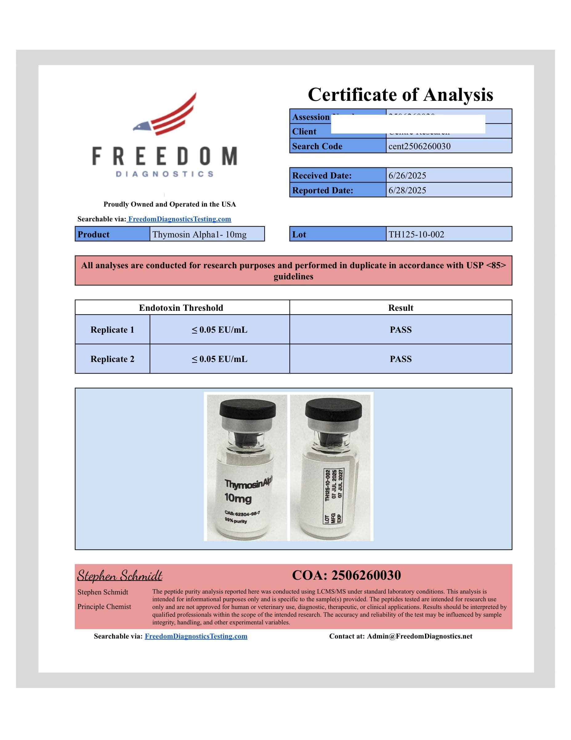 Certificate of analysis for TA-1, batch 10mg · 6/26/2025