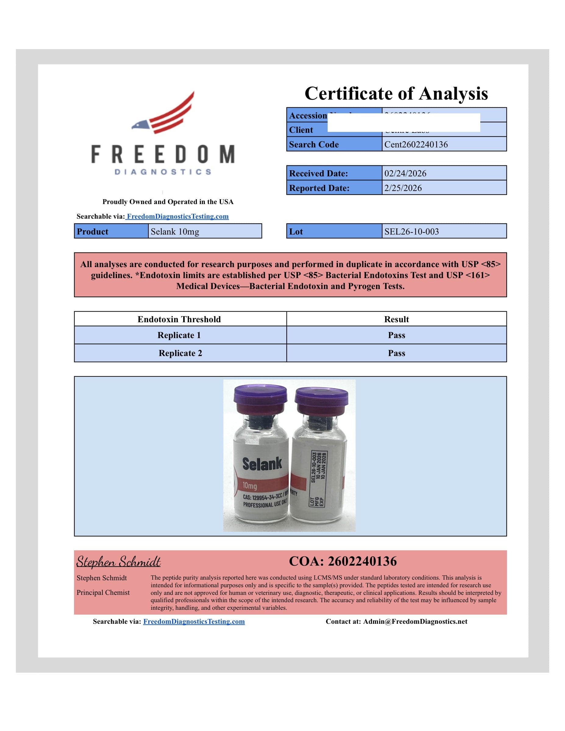 Certificate of analysis for Selank, batch 10mg · 2/26/2026