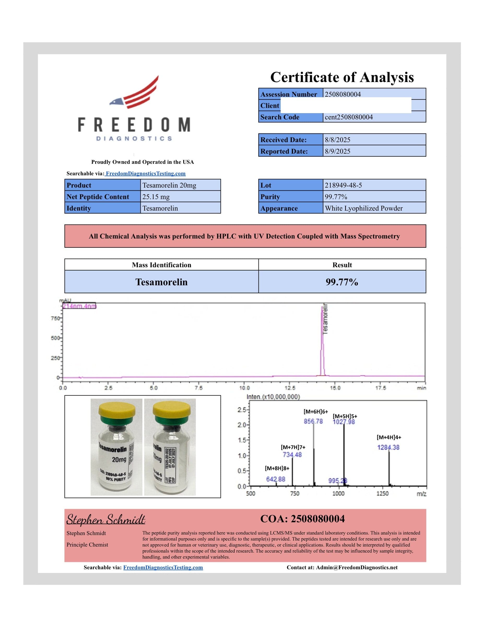 Certificate of analysis for Tesamorelin, batch 20mg · 8/8/2025