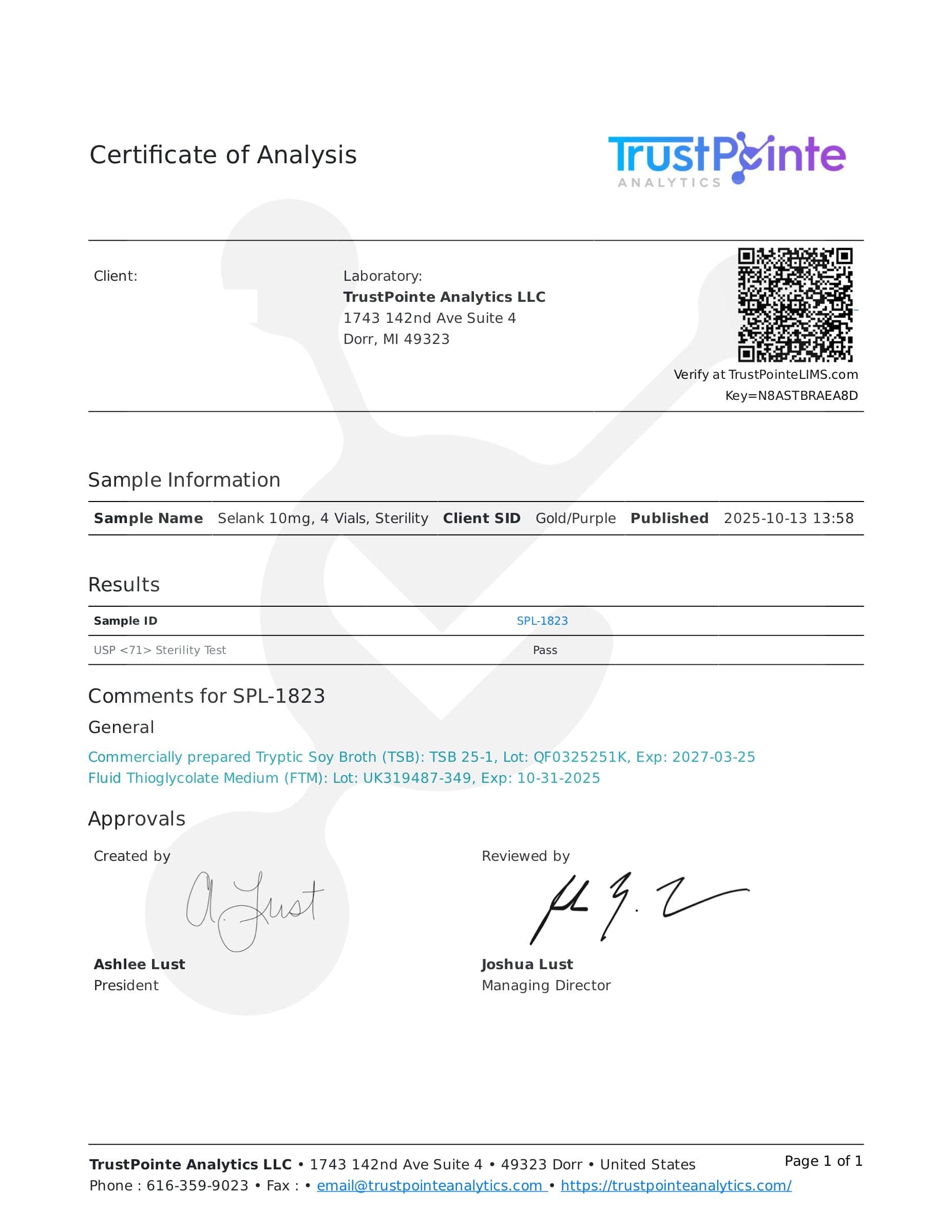 Certificate of analysis for Selank, batch 10mg · 10/13/2025