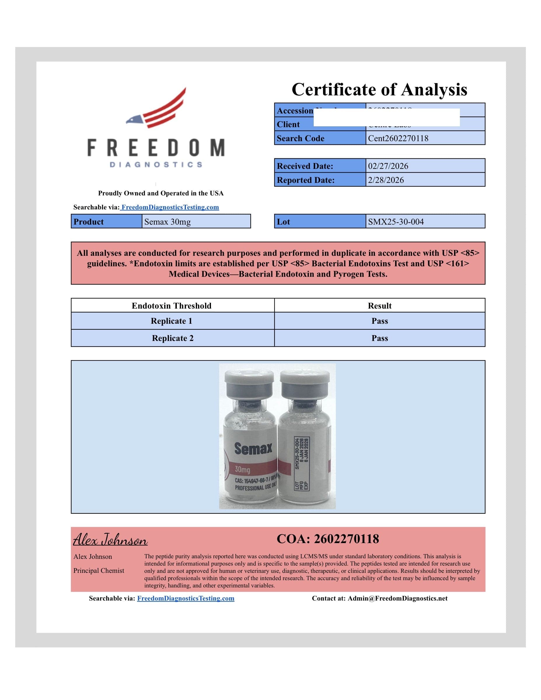 Certificate of analysis for Semax, batch 30mg · 3/2/2026
