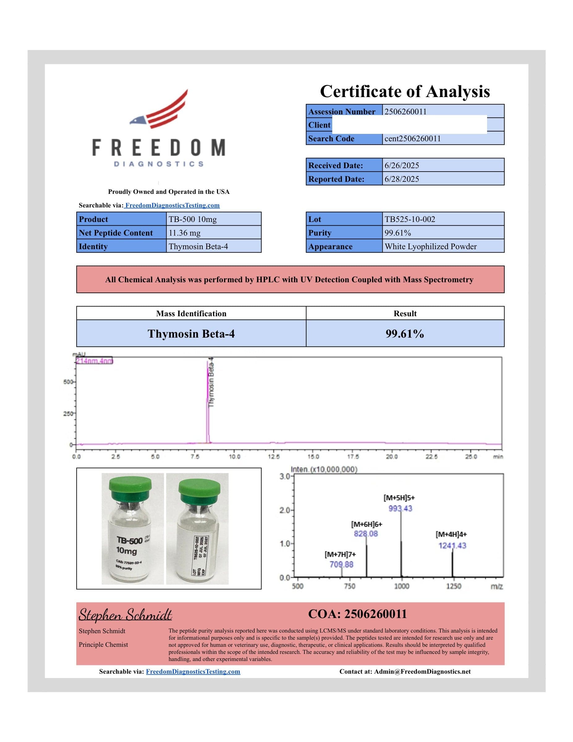 Certificate of analysis for TB-500, batch 10mg ·