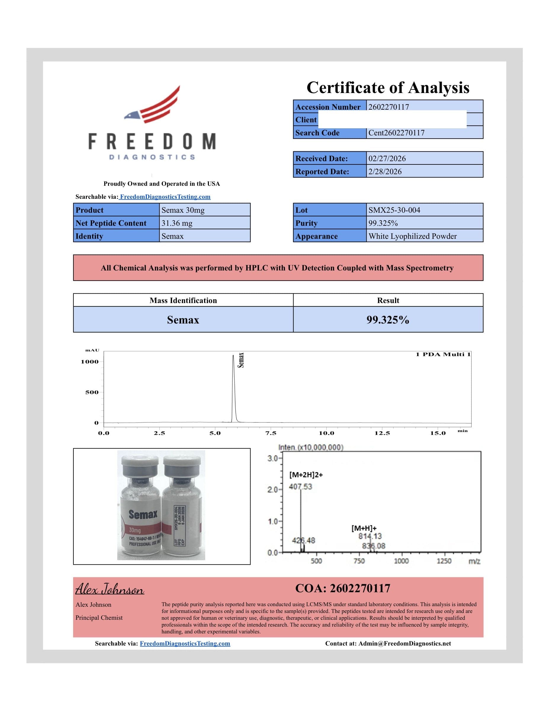 Certificate of analysis for Semax, batch 30mg · 3/2/2026